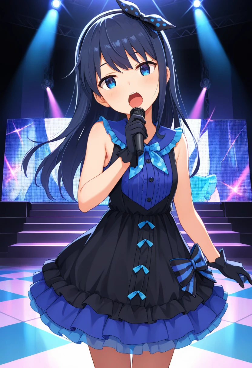 masterpiece, best quality, absurdres, very aesthetic, general, 1girl, mtmdef, verbena, dark blue hair, hair band, hair bow, blue eyes, long hair, gloves, singing, stage, head tilt, looking at viewer, <lora:ILmutsumiAGA:0.7>