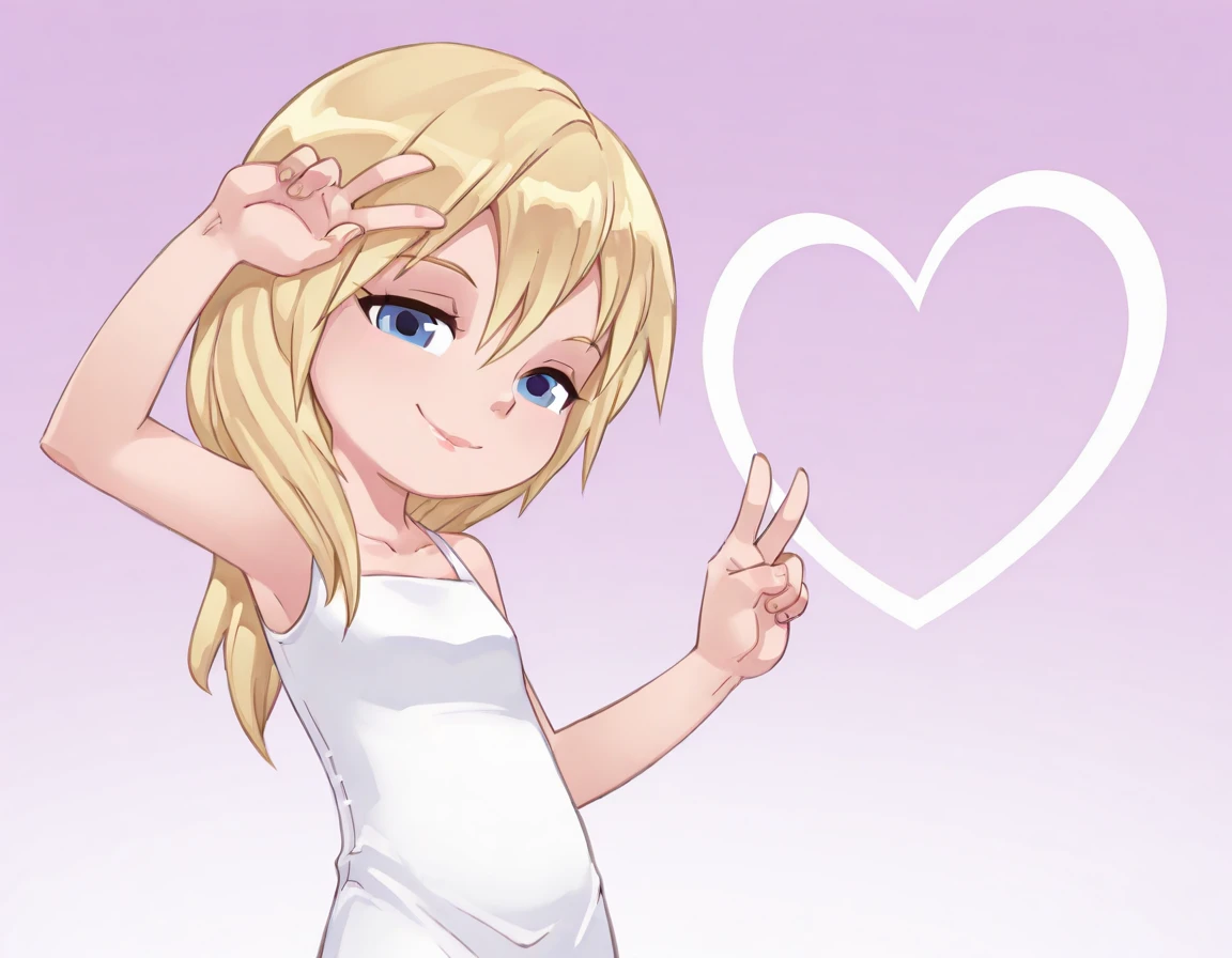 1girl, solo, namine,  <lora:Namine:1>, blond hair, long hair, white dress,v sign,bldmn, sassy smile, <lora:Bleedman-IL:1>