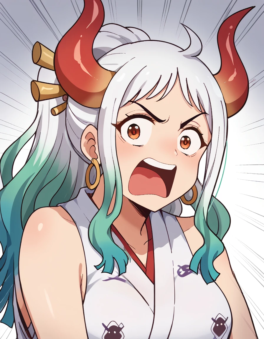 score_9, score_8_up, score_7_up, source_anime, <lora:one-piece-yamato-ponyxl-lora-nochekaiser:1> yamato, ahoge, aqua hair, brown eyes, curled horns, earrings, green hair, grey hair, hair ornament, hair stick, high ponytail, horns, long hair, multicolored hair, multicolored horns, oni, red horns, shimenawa, sidelock, large breasts,, <lora:agemasen-ponyxl-lora-nochekaiser:1>, agemasen, agemasen! (meme), emphasis lines, looking at viewer, meme, open mouth, upper teeth only, ,