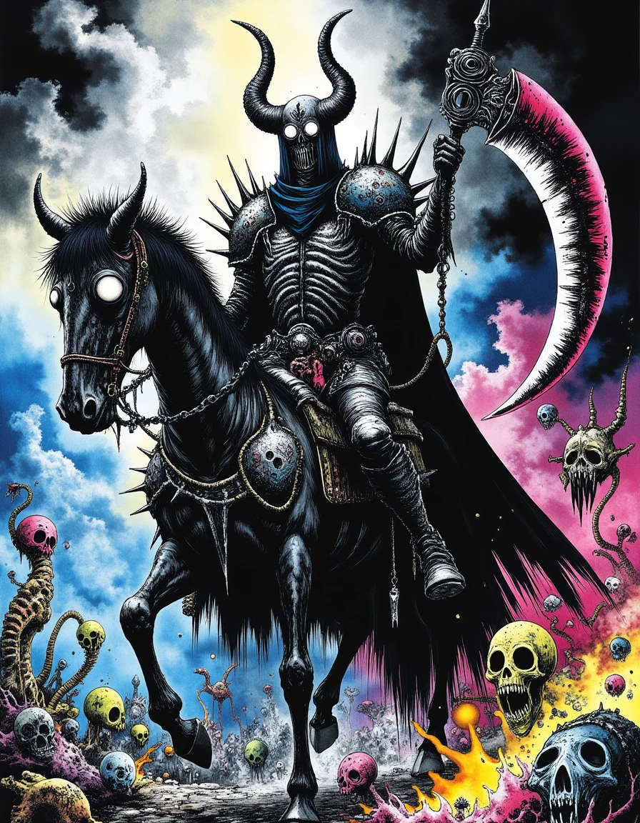 cr3z1h0rr0r A death knight in jet-black armor adorned with skulls and spikes. They wield a massive scythe and ride a skeletal warhorse. A spectral aura surrounds them, and shadowy mist clings to their figure
<lora:Crazy_Horror:0.7>