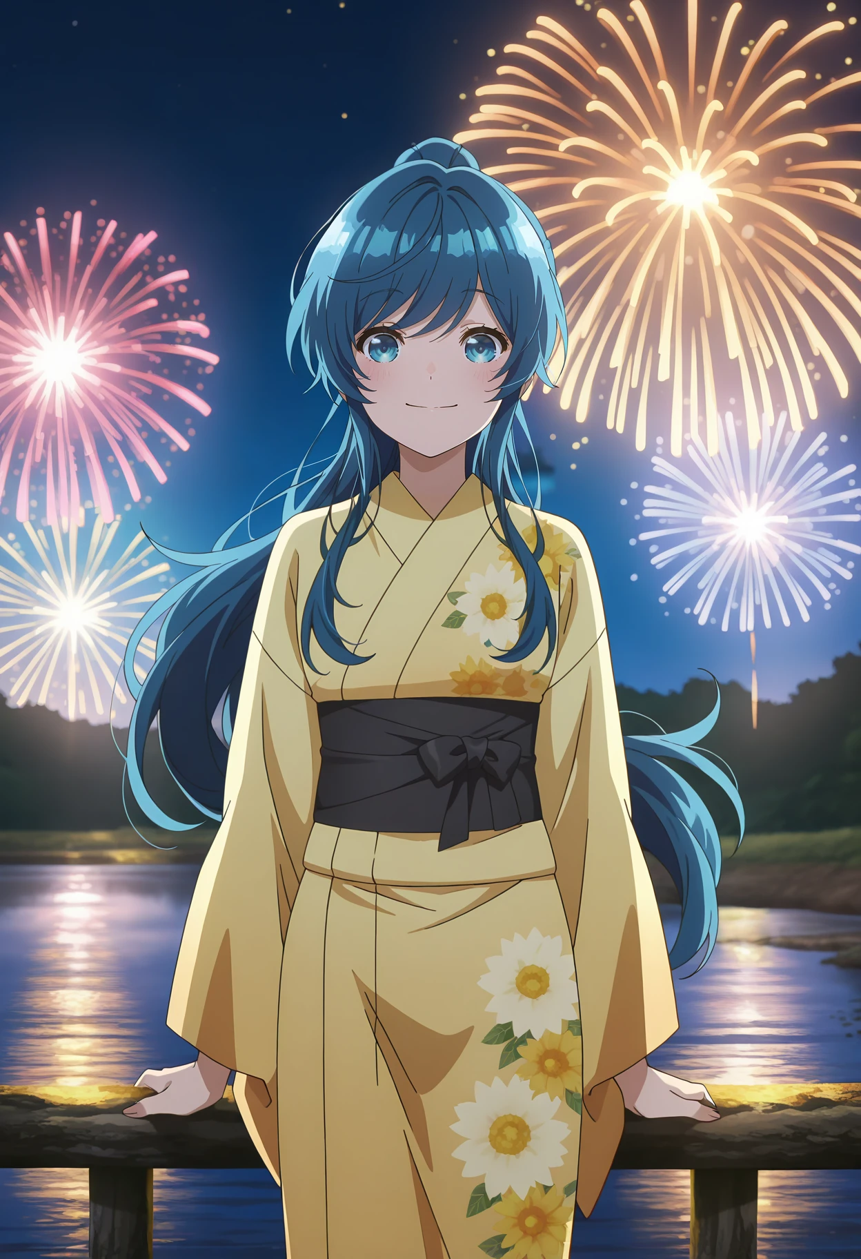 anime screencap, masterpiece, best quality,
<lora:Jaku-CharaTomozaki-Kun_NanamiMinami_IlluXL:0.9>,
1girl, solo, closed mouth, smile, blush,
long hair, ponytail, blue hair, blue eyes,
MinamiKimono, yellow kimono, floral print, black sash,
standing, looking at viewer, cowboy shot,
outdoors, night, riverbank, fireworks