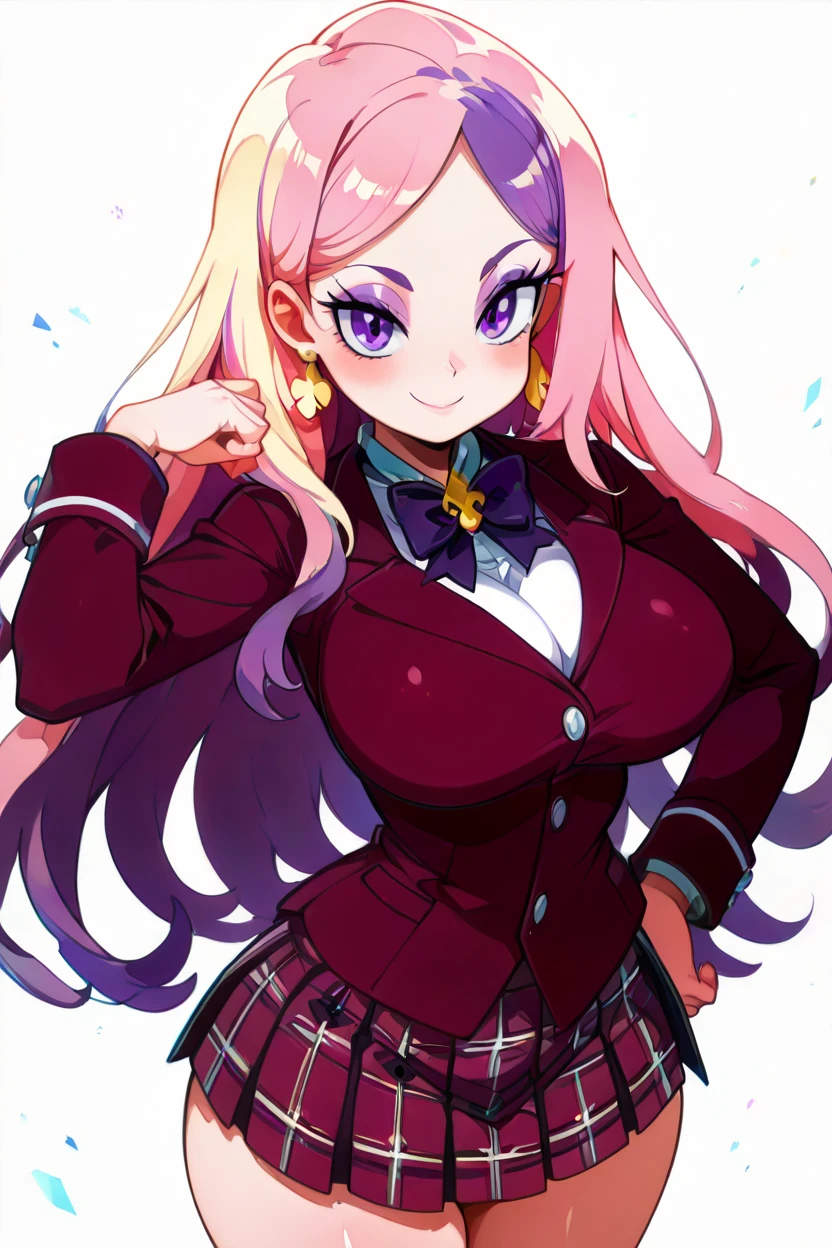 masterpiece, best quality, solo, curvy, beautiful eyes, zzFleur, purple eyes, multicolored hair, purple hair, pink hair, long hair, purple blazer, school uniform, plaid skirt, purple bow, makeup, jewelry, large breasts, earrings, eyeshadow, <lora:FleurdeLisIXL:1.0>, from above, dynamic pose, cowboy shot, smile, looking at viewer, shiny skin,<lora:HaradaTakehitoIXL_v3:1.3>, <lora:ZankuroIXLLight_v2:0.6>,