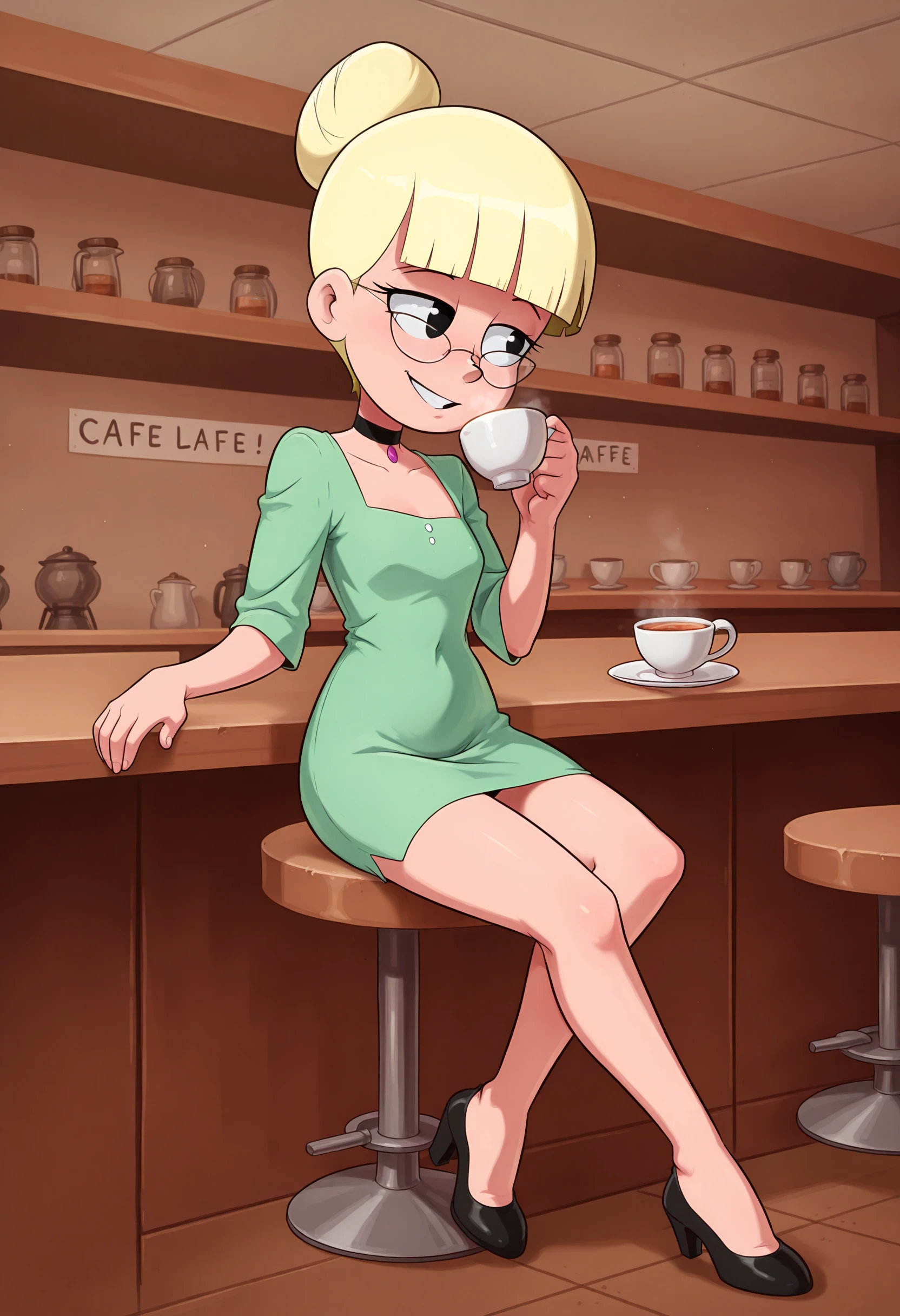 masterpiece, best quality, absurdes, 1girl, solo, full body, rating_safe,
<lora:Mary Dahl Mature - (Batman the Animated Series - BTAS) Illustrious:0.8>
Mary_Dahl_Mature, (very short, short), black eyes, glasses, blonde hair, (single hair bun), blunt bangs,
short dress, green dress, sitting,
choker, high heels, smile, slim, small legs, small ears,
detailed background, indoors, cafe, drinking tea,
<lora:Detailer_NoobAI_Incrs_v1:0.4> detailed,