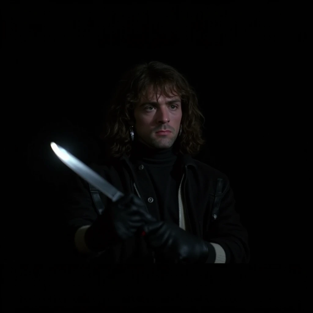 cinematic film still of <lora:1980's Cobra film style v1:0.7>
In 1980's cinematic film style a faceless sock masked man holding a knife in the dark while staring at camera, different people, different person, solo, long hair, black hair, holding, parted lips, mask, black background, knife, reflection, dark, gloves, jacket, weapon, earrings, black gloves, fingerless gloves, holding knife
, shallow depth of field, vignette, highly detailed, high budget, bokeh, cinemascope, moody, epic, gorgeous, film grain, grainy