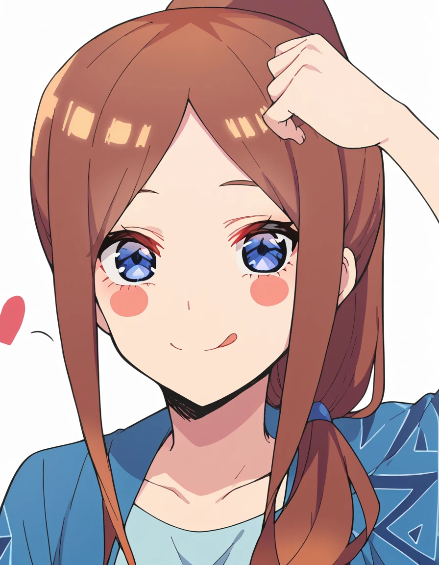 score_9, score_8_up, score_7_up, source_anime, <lora:miku-nakano-honeymoon-ponyxl-lora-nochekaiser:1>, miku nakano, long hair, bangs, blue eyes, brown hair, ponytail, parted bangs, hair over shoulder,, <lora:dojikko-pose-ponyxl-lora-nochekaiser:1>, dojikko pose, blush, heart, blush stickers, smile, tongue out, arm up, looking at viewer, one eye closed, ,