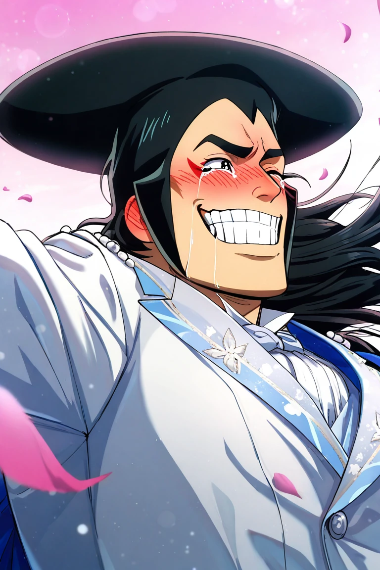 realistic shading, natural lighting, male focus, looking away, expressive happy face, kouzuki oden, black-bluish green_kouzuki oden_male long hair, black_kouzuki oden_eyes, red_kouzuki oden_makeup, 1boy, nose blush, ear blush, blushing, crying, teeth, grinning, shiny skin, groom cosplay, white formal suit, gradient pink sky, bokeh, floating petals, romantic, from side, from below, dutch angle, dynamic angle, dynamic action, atmospheric perspective, cinematic, intricately detailed illustration, depth of field, masterpiece, best quality, amazing quality, very aesthetic, absurdres, newest, anime screencap