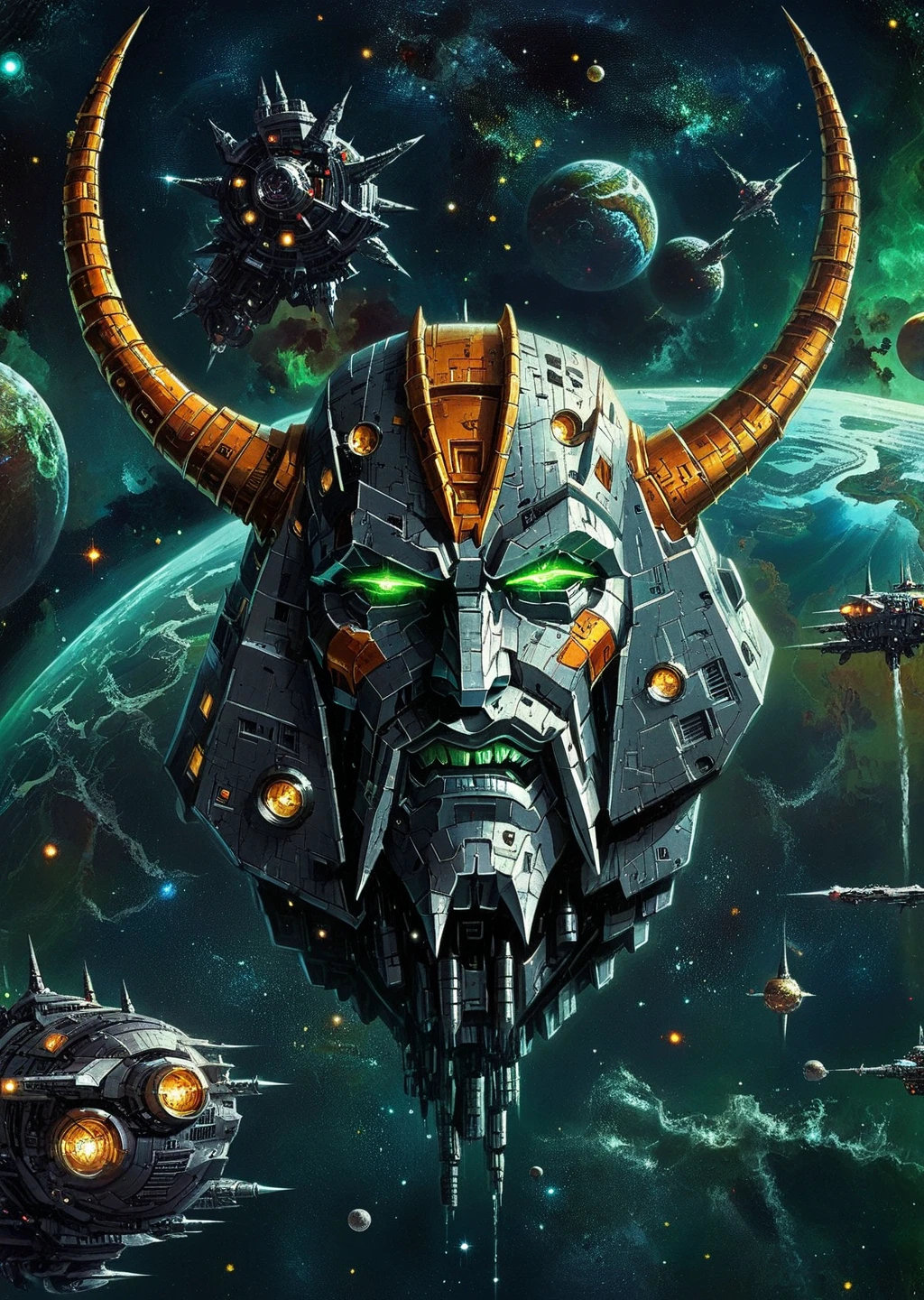 Unicron, masterpice retrostyle sci-fi art, anime, (severed head:1.1) of giant robot is flying in space, detailed metal face, green eyes, horns, stars, planet, space, 2d, digital painting, high quality, high detailed, sharp focus<lora:lora\Unicron_G1.safetensors:1.0:1.0>