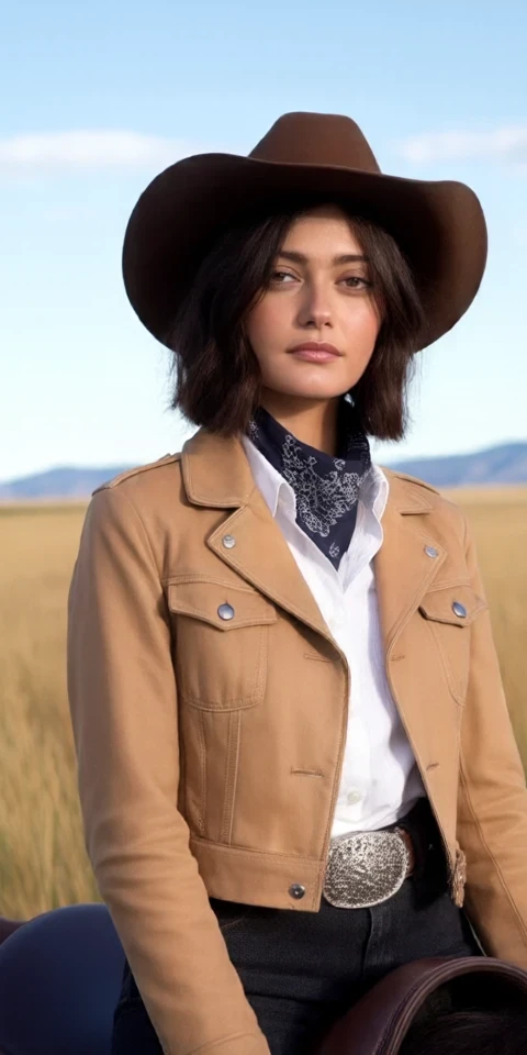 purn3ll
The young woman sits tall in the saddle, her black hair cut into a sleek bob that frames her face, with blunt bangs skimming just above her dark, focused eyes. The brim of her weathered cowboy hat shades her face, casting a dramatic shadow that highlights her sharp cheekbones and sun-kissed complexion. She wears a light tan leather jacket, fitted snugly over a crisp white button-up shirt with the collar slightly open. A dark brown bandana with subtle paisley patterns is knotted loosely around her neck, adding a touch of character to her otherwise practical attire. Her sleeves are rolled up to her elbows, revealing strong forearms, while her silver belt buckle gleams faintly under the sunlight. Her bare hands rest lightly on the reins, her fingers firm yet relaxed, radiating confidence and ease.
Behind her, the sprawling plains stretch endlessly, a golden sea of tall grasses swaying gently in the breeze. The sky is an endless expanse of pale blue, with streaks of soft clouds drifting lazily overhead. The sunlight bathes everything in a warm glow, accentuating the rich, earthy hues of the landscape. The distant outline of jagged hills rises on the horizon, their dark crevices contrasting against the soft tones of the plains. The air is still, save for the rustle of the grass and the occasional cry of a hawk soaring high above. The serene, untamed beauty of the setting provides the perfect backdrop, amplifying the quiet strength and poised elegance of the lone rider.