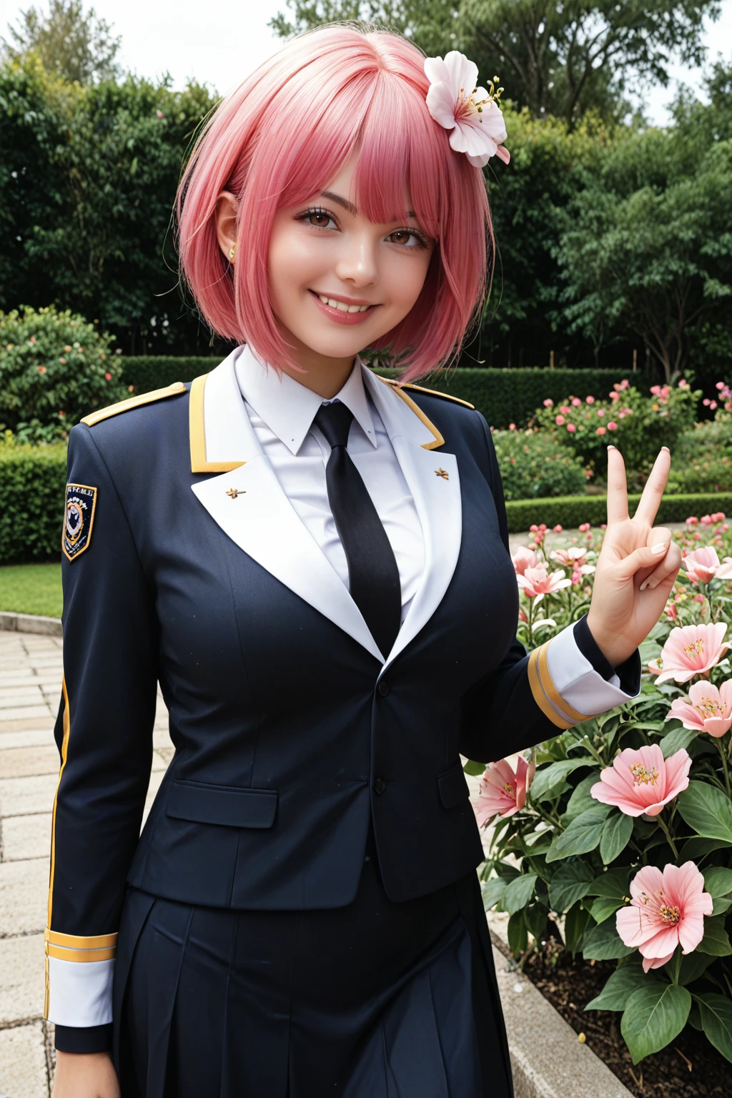 score_9, score_8_up, score_7_up, masterpiece, high quality, extreme detail, absurdres, (detailed skin texture) BREAK realistic
<lora:Jin DallaePonyLora:1>JinDallae, short hair, dress, school uniform, hair flower, bangs, smile, v sign, large breasts, outdoors, garden , sunny