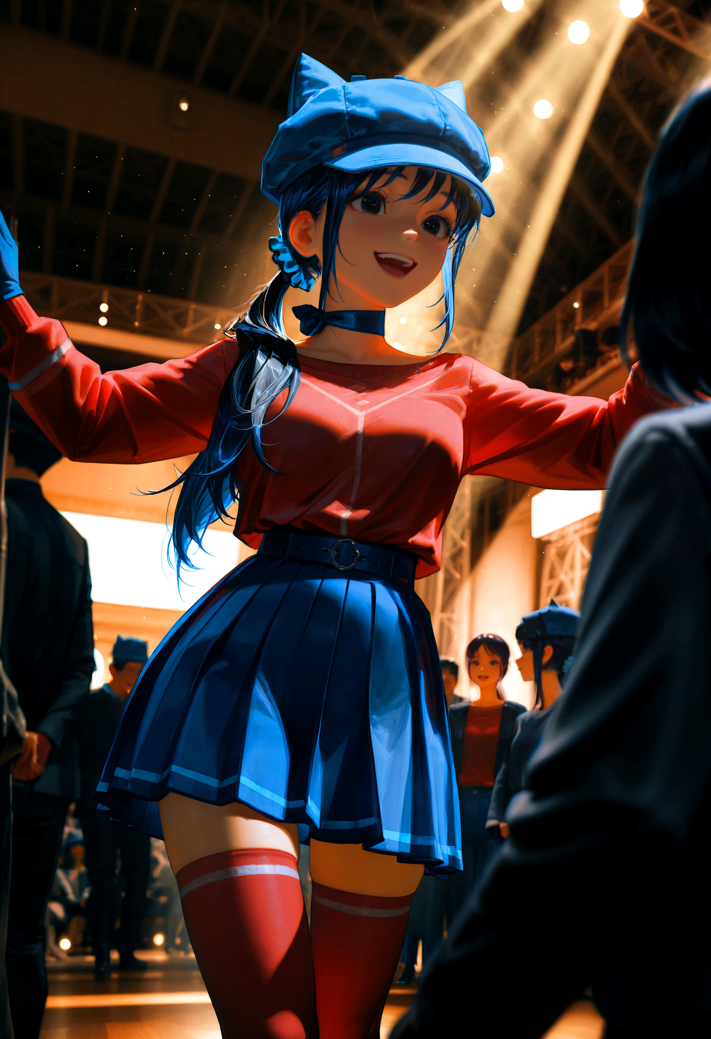 HDR, 8K, high contrast, masterpiece, best quality, amazing quality, very aesthetic, high resolution, ultra-detailed, absurdres, newest, scenery, (horikoshi kouhei:0.3), (quasarcake:0.3), (wlop:0.3), light rays, godrays, chiaroscuro, dynamic angle, ms_cappie, black eyes, blue hair, black hair, long hair, ponytail, bangs, (blue hat:1.1), animal hat, cat hat, hair scrunchie, long sleeves, red sweater, blue skirt, pleated skirt, red thighhighs, zettai ryouiki, gloves, happy, excited, looking away, on stage, stripclub, indoors, crowd, BREAK, photorealistic, beautiful detailed eyes, detailed skin, detailed hair, volumetric lighting, dappled light, light particles, dramatic shadows, cinematic lighting, photo background, depth of field, <lora:ponyxl\cfg_scale_boost:0.7> <lora:IL\KMS_MiSIDE_Mita_x6_IL:0.8>