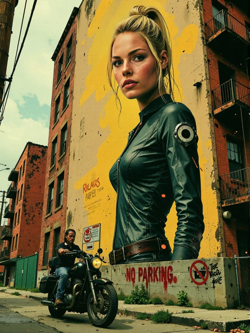 <lora:Katherine_Heigl_Ca2008:1.1> woman, blonde woman looking directly at the viewer, a large, realistic mural painted in the style of Banksy on the side of a brick apartment building, featuring a detailed, hyper-realistic style. The building itself is a typical urban structure, with several floors and balconies, painted in a muted beige. Surrounding the mural, there are signs and graffiti, including a "No Parking" sign and various scribbles. The street in front of the mural is paved with asphalt, and a small patch of grass is visible at the base of the mural. The overall scene suggests a gritty, urban environment, with a blend of art and everyday life, extreme close-up <lora:zz_s_Chest_Size_Slider:-2>, A hyper-realistic photo portrait of a cybernetic android, soft features with a dynamic background, elegant intricate artstation concept art style of Ashley Wood, Jae Wood, desolate tones, intricate detail, breathtaking masterpiece, dramatic lighting, wearing skin-tight, form-fitting black leather cybernetic android uniform that tightly covers the body, it also covers the chest and neck, the uniform includes an extreme amount of zippers, an ak47 is strapped to the back, sitting on a futuristic motorcycle, background is dystopian post-apocalyptic wasteland , bokeh <lora:zz_s_Luminous_Shadowscape:0.7>âââ