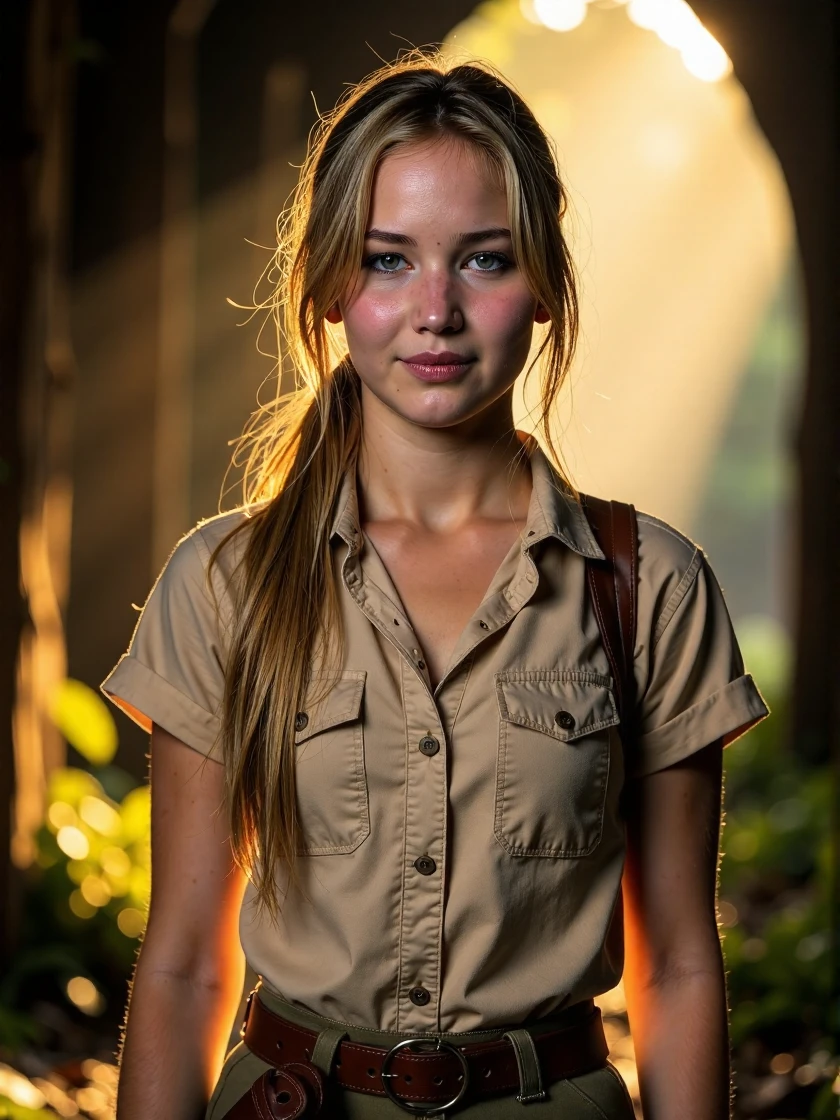 <lora:Jennifer_Lawrence_Ca2011:1> woman <lora:zz_s_Fluxartis:0.5> A highly detailed cinematic photography smiling, extreme close-up, standing in rainforest ruins, wearing a safari shirt and vest, gun, holding a bullwhip, golden hour, god rays, lighting effects, smoke effects, smokey air, misty air, looking directly at the viewer, looking directly at the camera, making eye contact, looking straight ahead, modest clothes, modest apparel, chest covered, modesty <lora:zz_s_Chest_Size_Slider:-2>, an extremely charismatic and captivating smileâââ