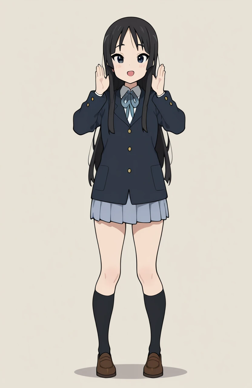 perfect quality,high quality,masterpiece,best quality,amazing quality,very aesthetic,absurdres,Cinematic Lighting,newest,Tactical use of shadow,
front view,full_shot,:d,
1girl,black hair,long hair,hime cut,black eyes,sakuragaoka high school uniform,school uniform,winter uniform,jacket,skirt,kneehighs,shoes,AkiyamaMioCYQL,
full body,standing,stylish_pose,
khaki background,simple background,
flat color,sketchy,<lora:NoctFlatStyleILV0.6-Contrast:0.85>,<lora:kon:1>,