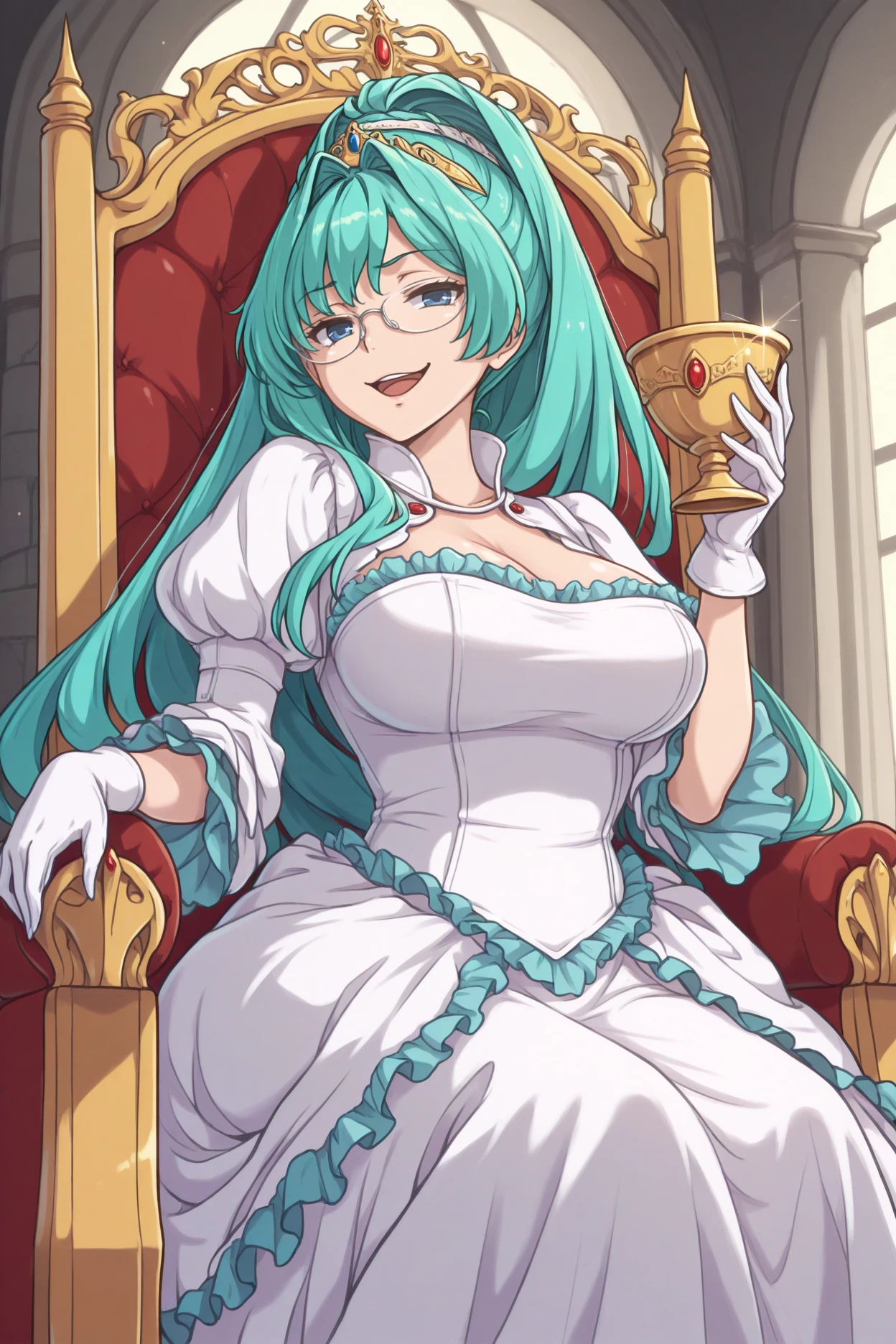 masterpiece, best quality, 1girl, solo, <lora:srtangelica-illu-nvwls-v1-000005:1> srtagc, aqua hair, hair intakes, high ponytail, long hair, blue eyes, glasses, large breasts, tiara, princess, gown, frills, white dress, medieval, looking at viewer, happy, smug, open mouth, sitting, throne, white gloves, holding chalice, indoors