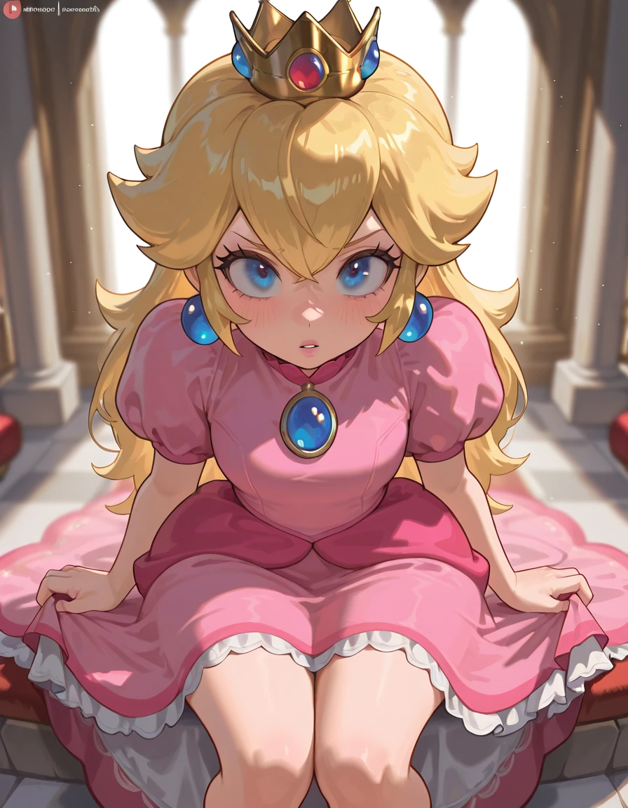 masterpiece, best quality, amazing quality, very aesthetic, absurdres, newest, <lora:princess_peachez:1>, princess_peachez, 1girl, blonde hair, blue eyes, jewelry, crown, long hair, sitting down