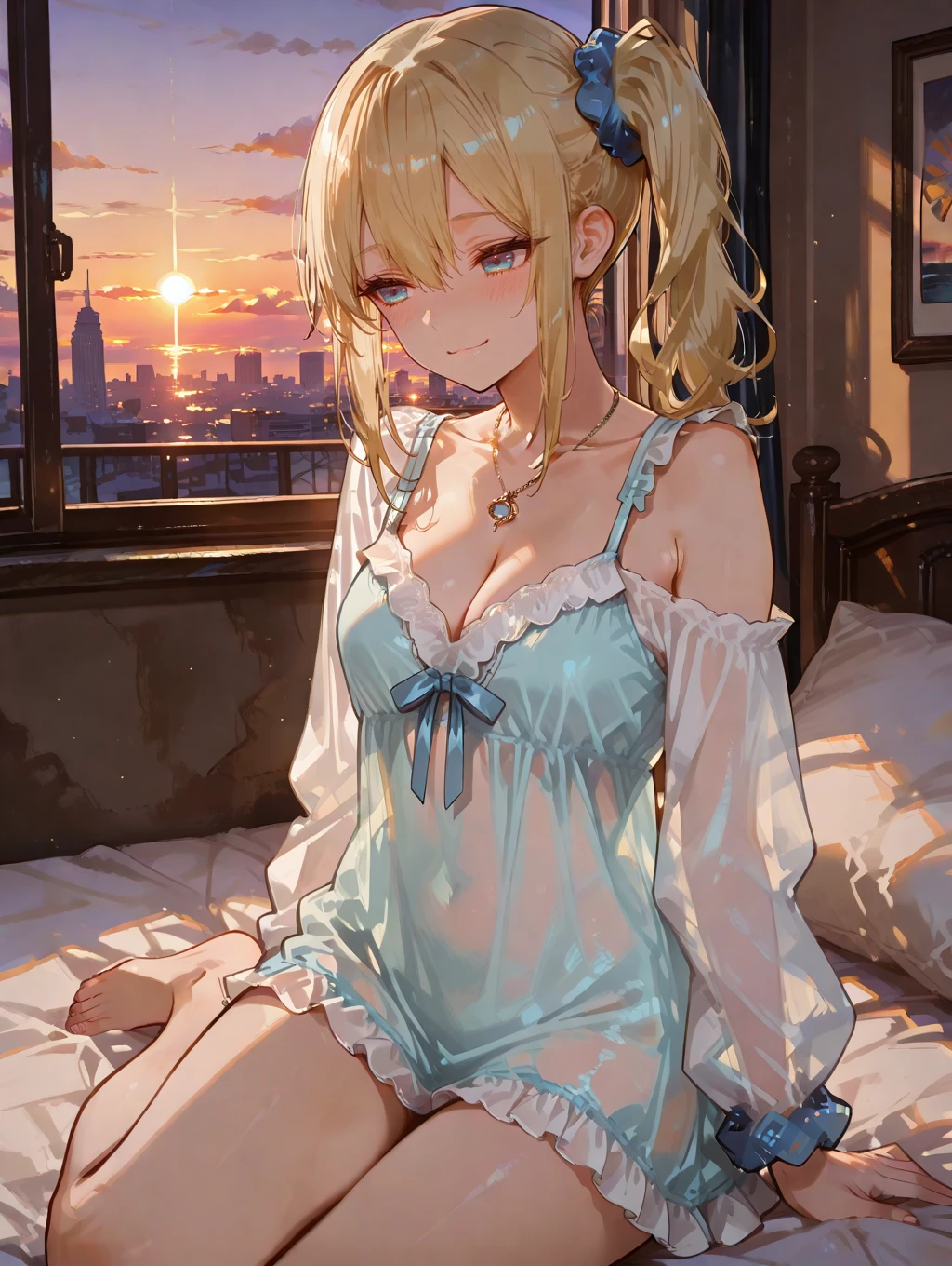 perfect quality,high quality,masterpiece,best quality,amazing quality,very aesthetic,absurdres,Cinematic Lighting,newest,Tactical use of shadow,
1girl,solo,blonde hair,long hair,side ponytail,blue scrunchie,scrunchie,hair scrunchie,hair between eyes,bangs,sidelocks,blue eyes,necklace,HayasakaAiCYQL,,
breasts,lookingatviewer,cleavage,blush,smile,bareshoulders,coloredinnerhair,sunset,offshoulder,sitting,bluntbangs,onbed,closedmouth,barefoot,mediumbreasts,collarbone,pillow,longsleeves,frills,scenery,sky,bed,dress,cityscape,verybarelegs,bedsheet,sidelocks,nightgown,cloud,whitedress,outdoors,indoors,thighs,armsupport,city,orangesky,lensflare,sun,window,building,sunlight,,legs,shirt,see-through,feetoutofframe,whiteshirt,sunrise,sleepwear,pajamas,lightmorning,off-shoulderdress,bedroom,backlighting,evening,
<lora:ponyv4_noob1_2_adamW:0.7>,<lora:spo_sdxl_10ep_4k-data_lora_webui:0.6>,<lora:USNR STYLE_XL_loha:0.45>,<lora:748cmSDXL:1>,usnr,748cmstyle,<lora:lora.by_tusi:1>,