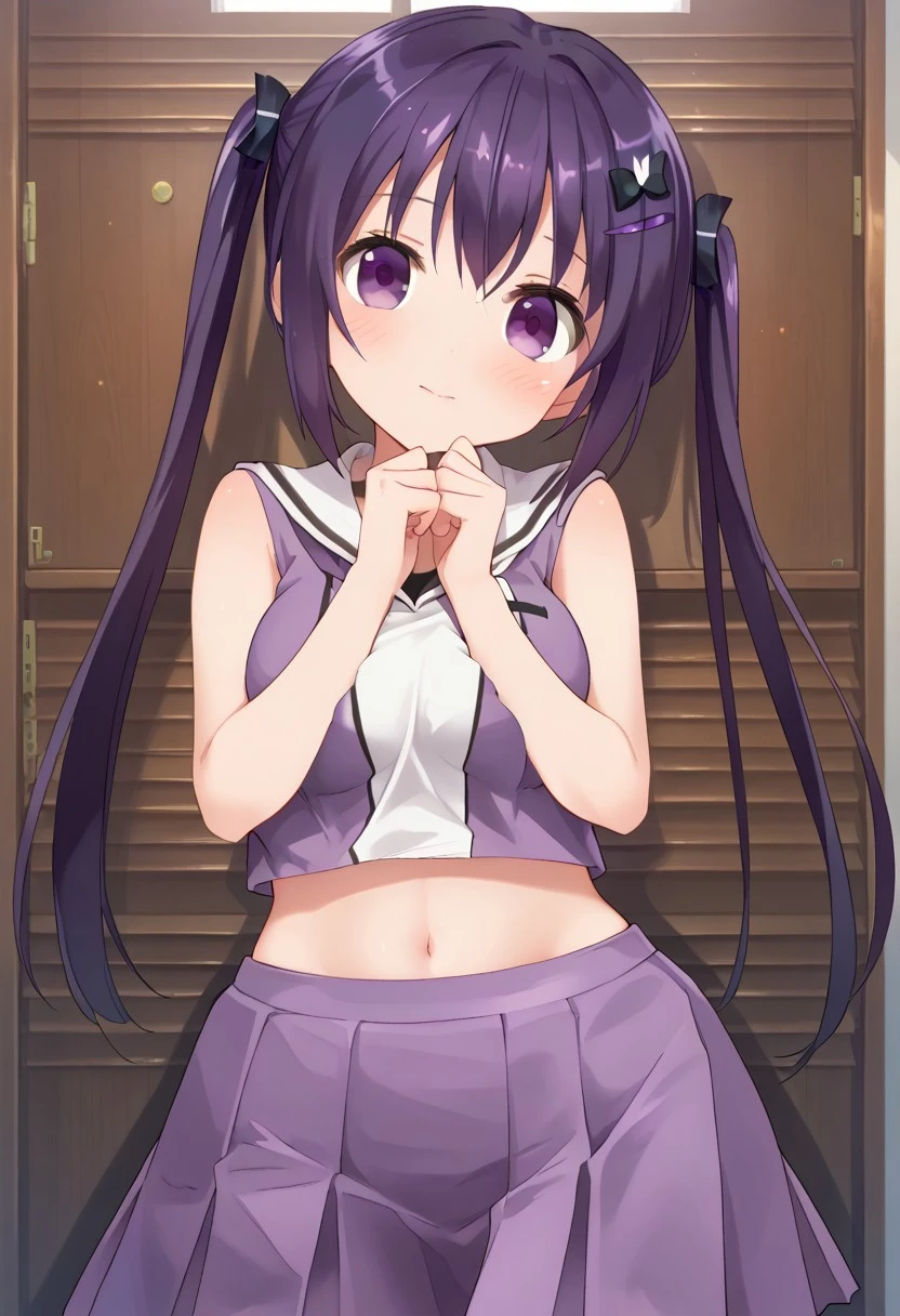 score_9, score_7_up,1girl, looking at viewer, blush, breasts,(purple hair, purple eyes, twintails, hair ornament, rabbit hair ornament, cheerleader, skirt, miniskirt, midriff), looking at viewer, solo, highres, zPDXL3, detailed face, head tilt, tilted head, short, short girl, ((front view)), standing,happy, shy