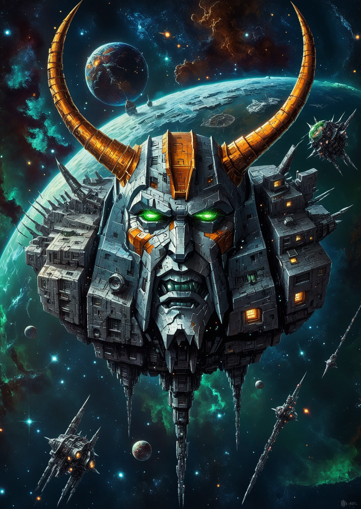 Unicron, masterpice retrostyle sci-fi art, anime, (severed head:1.1) of giant robot is flying in space, detailed metal face, green eyes, horns, stars, planet, space, 2d, digital painting, high quality, high detailed, sharp focus<lora:lora\Unicron_G1.safetensors:1.0:1.0>