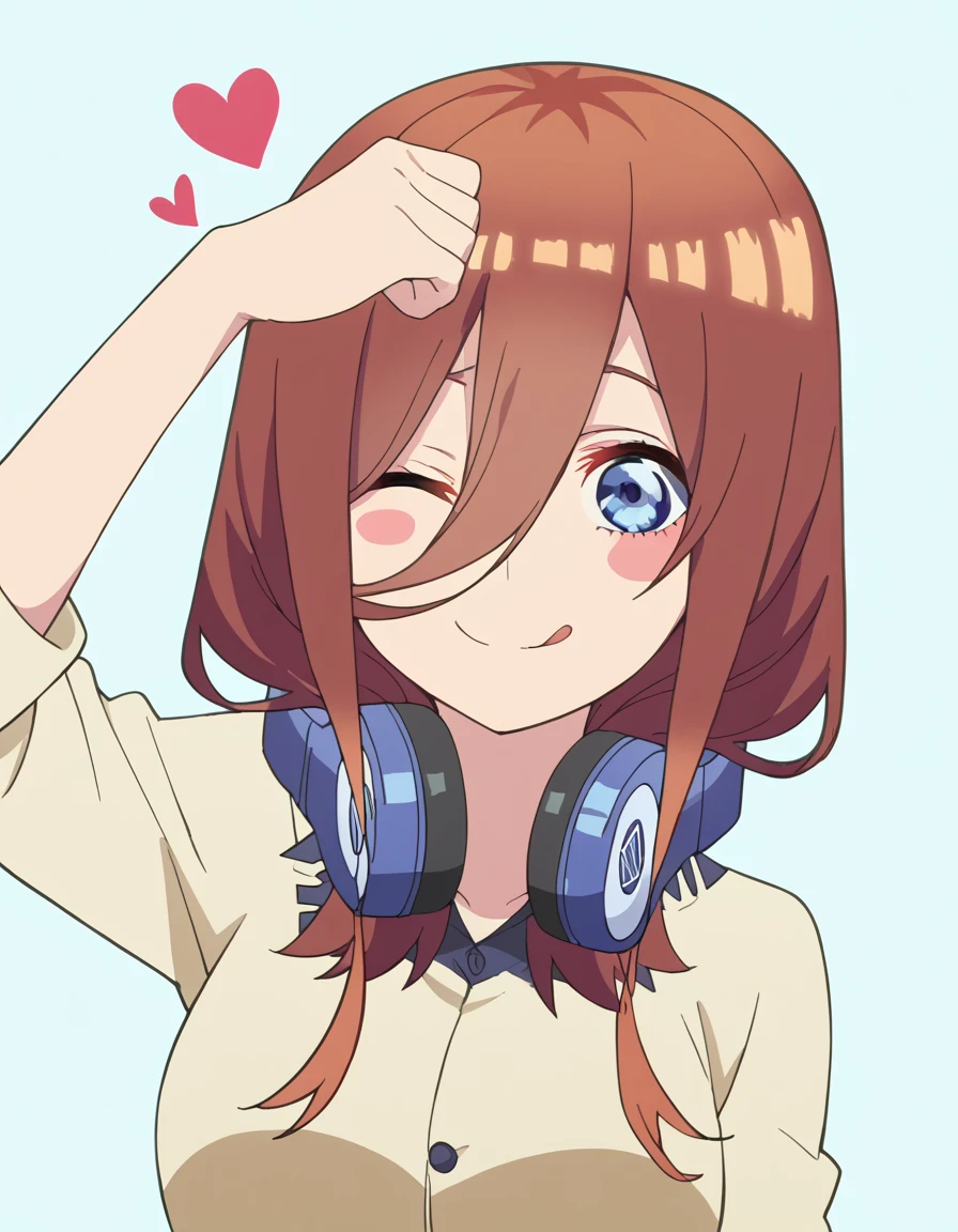 score_9, score_8_up, score_7_up, source_anime, <lora:miku-nakano-s2-ponyxl-lora-nochekaiser:1>, miku nakano, long hair, bangs, blue eyes, brown hair, hair between eyes, headphones, headphones around neck, large breasts, anime screencap, <lora:dojikko-pose-ponyxl-lora-nochekaiser:1>, dojikko pose, blush, heart, blush stickers, smile, tongue out, arm up, looking at viewer, one eye closed, ,