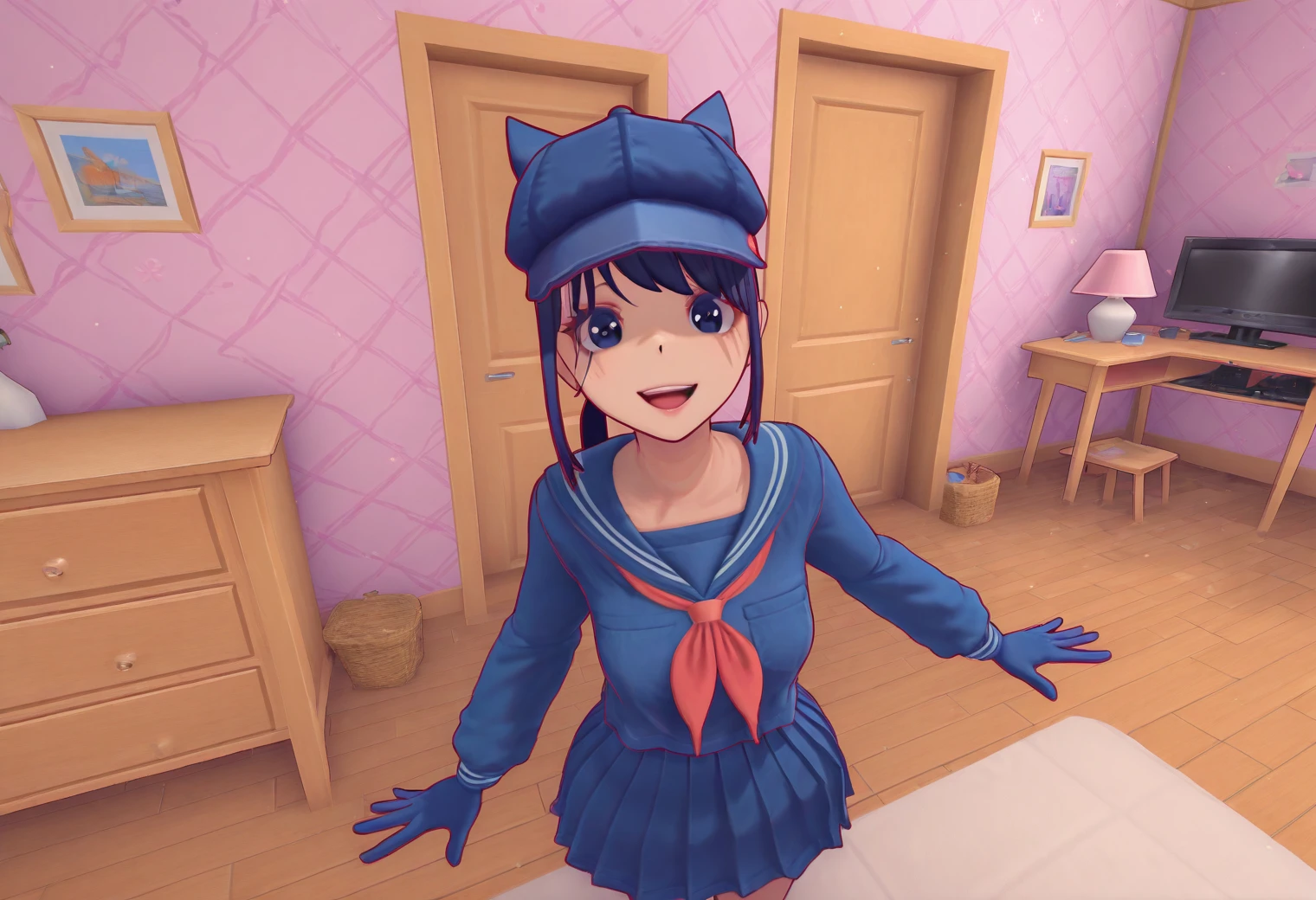 CoolMita, 1girl, 3d, blue hat, blue gloves, ponytail, blue serafuku, blue pleated skirt , excited, furniture, bedroom, blue eyes, masterpiece, best quality, 8k, high resolution, aesthetically pleasing, dark hair, smile, <lora:Mita-MiSide-4-4-Illustrious-Test11:1>