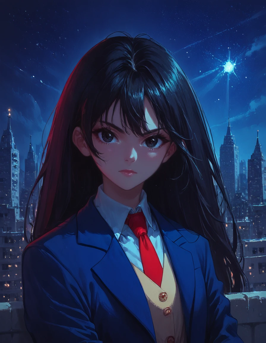 score_9, score_8_up, score_7_up, zPDXL, masterpiece, source_anime<lora:sn0wStyle:1> <lora:HKHorrorXL:1>1girl, solo, necktie, black hair, long hair, red necktie, night, jacket, looking at viewer, shirt, black eyes, collared shirt, upper body, sky, white shirt, night sky, bangs, blue jacket, closed mouth, city lights, setsuna saizuki<lora:Setsuna_Saizuki_Evil_Zone:0.8>outdoor city, dynamic pose