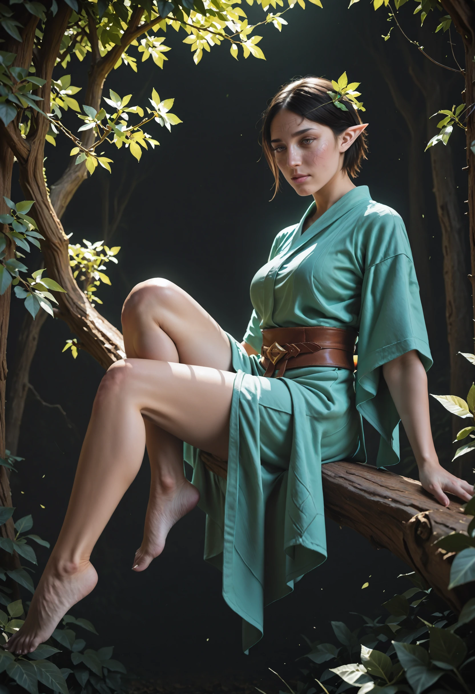 Smooth Quality - Illustrious, Masterpiece, best quality, amazing quality, very aesthetic, high resolution, ultra-detailed, absurdres, HDR, cinematic lighting, highres, newest, 
merrill_(dragon_age_2), dalish, 1girl,  solo, pointy ears,, green eyes,  realistic, sitting_in_tree, perched on a branch, short hair, black hair, hair_ornament, green kimono, glowing plants, photorealistic,