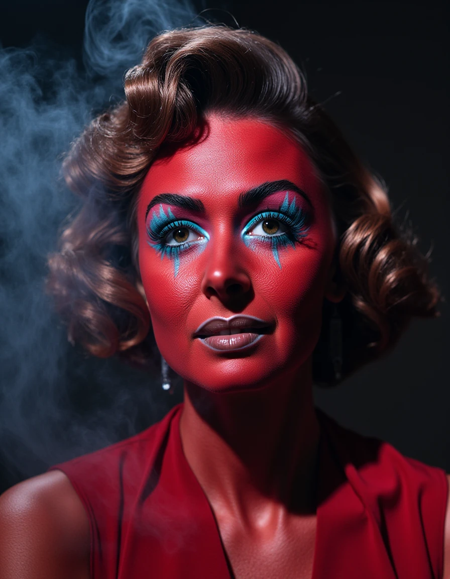 simple portrait wearing crazy garish makeup with awful lighting and lots of electricity and smoke <lora:donna-reed-flux:1.1>