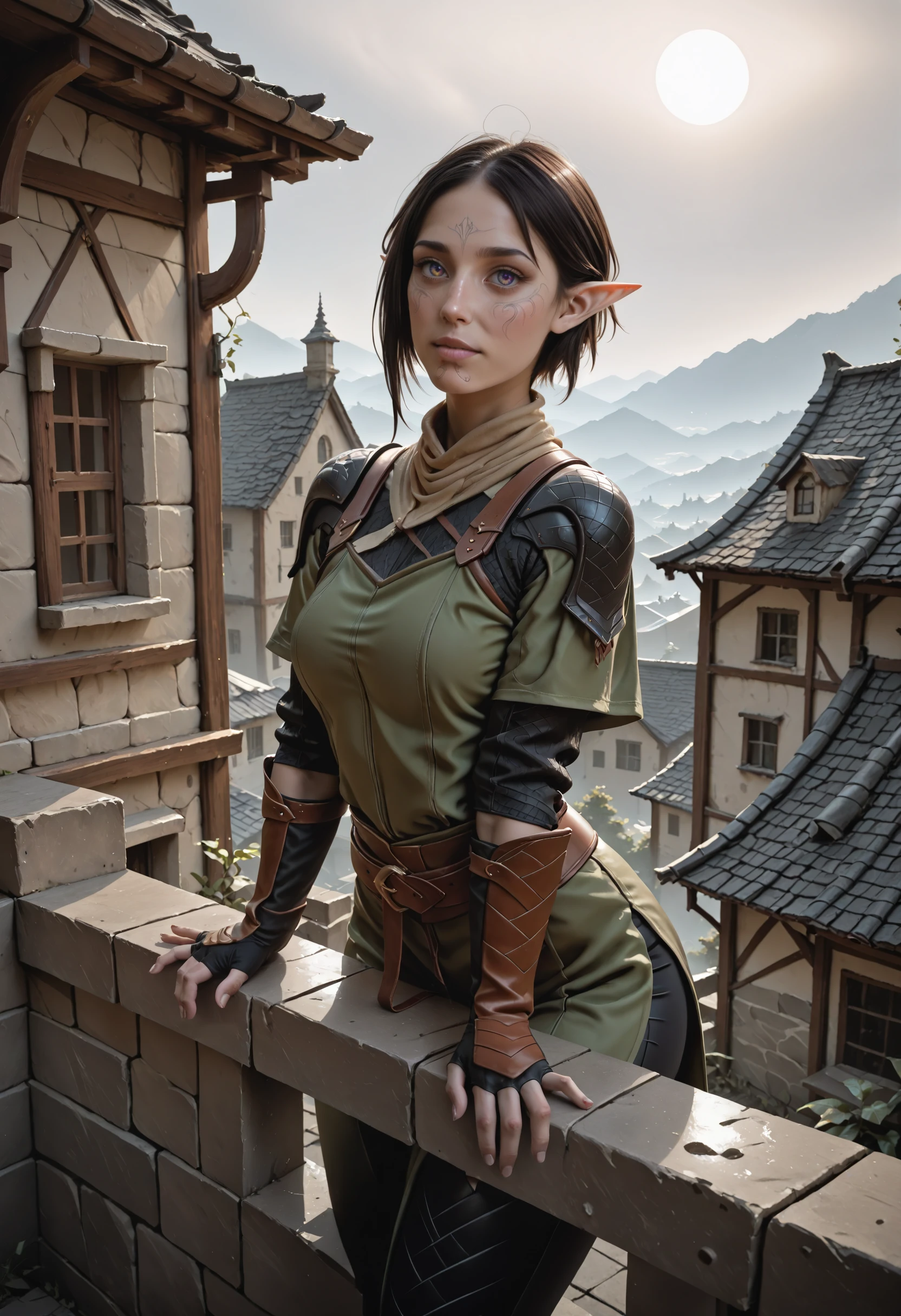 Smooth Quality - Illustrious, Masterpiece, best quality, amazing quality, very aesthetic, high resolution, ultra-detailed, absurdres, HDR, cinematic lighting, highres, newest, 
merrill_(dragon_age_2), dalish, 1girl,  solo, pointy ears,, green eyes,  realistic, rooftop, perched on a ledge, short hair, black hair, hair_ornament, green jacket