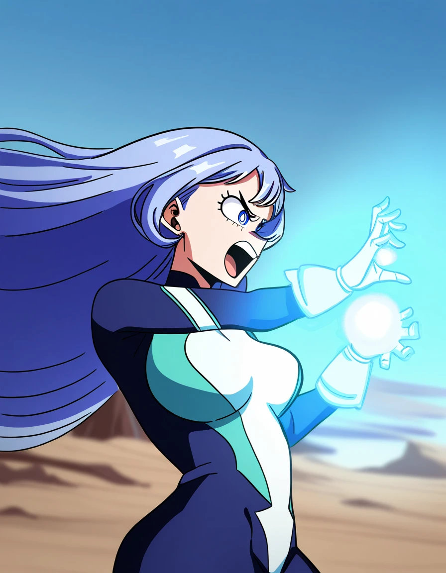 masterpiece, best quality, newest, absurdres, highres, safe,, <lora:nejire-hadou-ponyxl-lora-nochekaiser:1> nejire hadou, blue eyes, blue hair, long hair, white pupils, large breasts, <lora:kamehameha-illustriousxl-lora-nochekaiser:1>, kamehameha, kamehameha (dragon ball), open mouth, outstrecthed arms, torn clothes, shouting, from side, energy, energy ball, outdoors, wasteland, cowboy shot,