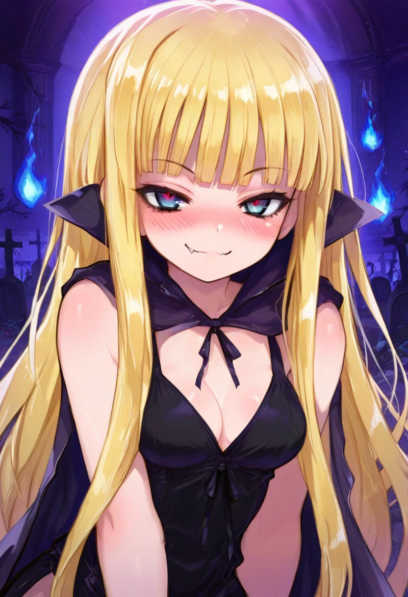 masterpiece, score_9, score_8_up, score_7_up, EasyNegative_v2,
(best quality:1.1),ultra-detailed, high resolution, super detailed skin, beautiful detailed eyes, Brightly Lit, Highly Visible, 8k, sharp focus, perfect lighting, beautiful eyes, extremely detailed eyes, (smooth edges), beautiful face,
seductive smile, smile, embarrassed, blush,
(21 year old model), medium breasts,
zzEvangeline, blue eyes, blonde hair, long hair, blunt bangs, fang, bare shoulders, black dress, cape, graveyard, purple theme, blue flames, spooky