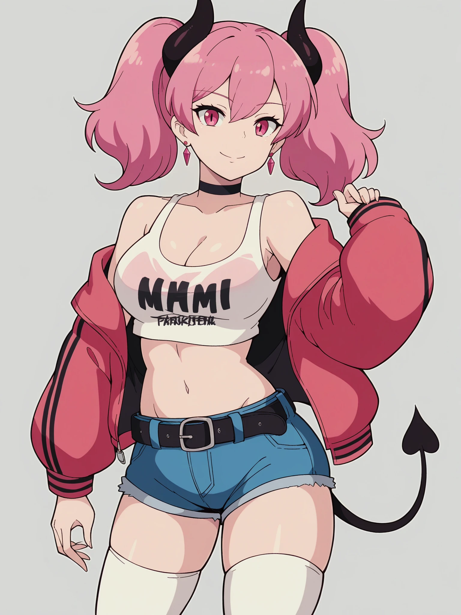 score_9, score_8_up, score_7_up, score_6_up, score_5_up,
1girl, solo, breasts, tail, pink_hair, horns, demon_tail, shorts, jacket, twintails, large_breasts, smile, looking_at_viewer, long_hair, navel, choker, black_background, pink_eyes, short_shorts, belt, demon_girl, pink_jacket, demon_horns, simple_background, tank_top, open_jacket, cleavage, black_shorts, open_clothes, thighhighs, off_shoulder, bare_shoulders, closed_mouth, head_tilt, hair_between_eyes, cowboy_shot, jewelry, micro_shorts, collarbone, black_choker, white_thighhighs, crop_top, bangs, earrings, clothes_writing, shirt, midriff, standing, see-through, contrapposto, long_sleeves,
 <lora:Kikis_Delivery_Service:1>