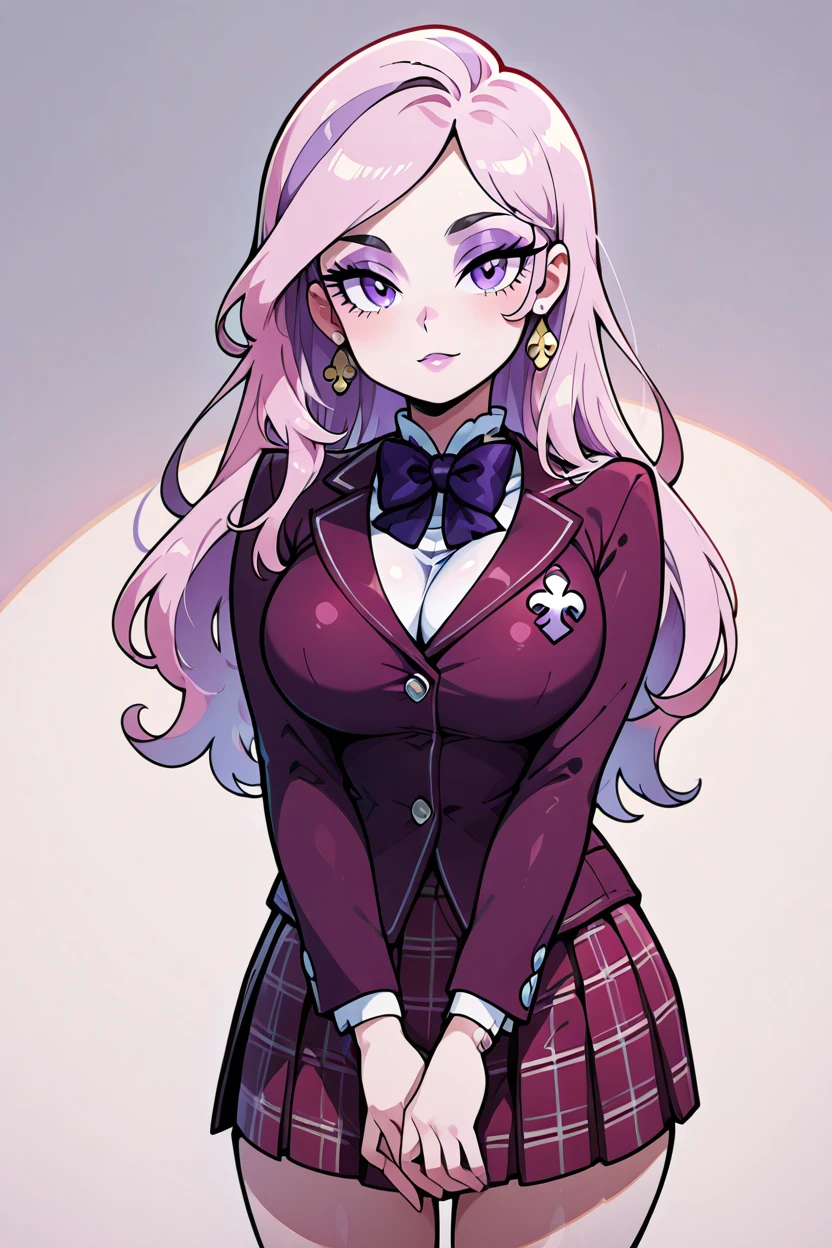 masterpiece, best quality, 1girl, solo, eyelashes, (beautiful eyes), zzFleur, purple eyes, multicolored hair, purple hair, pink hair, long hair, purple blazer, school uniform, plaid skirt, purple bow, makeup, jewelry, large breasts, earrings, eyeshadow, <lora:FleurdeLisIXL:1.0>,