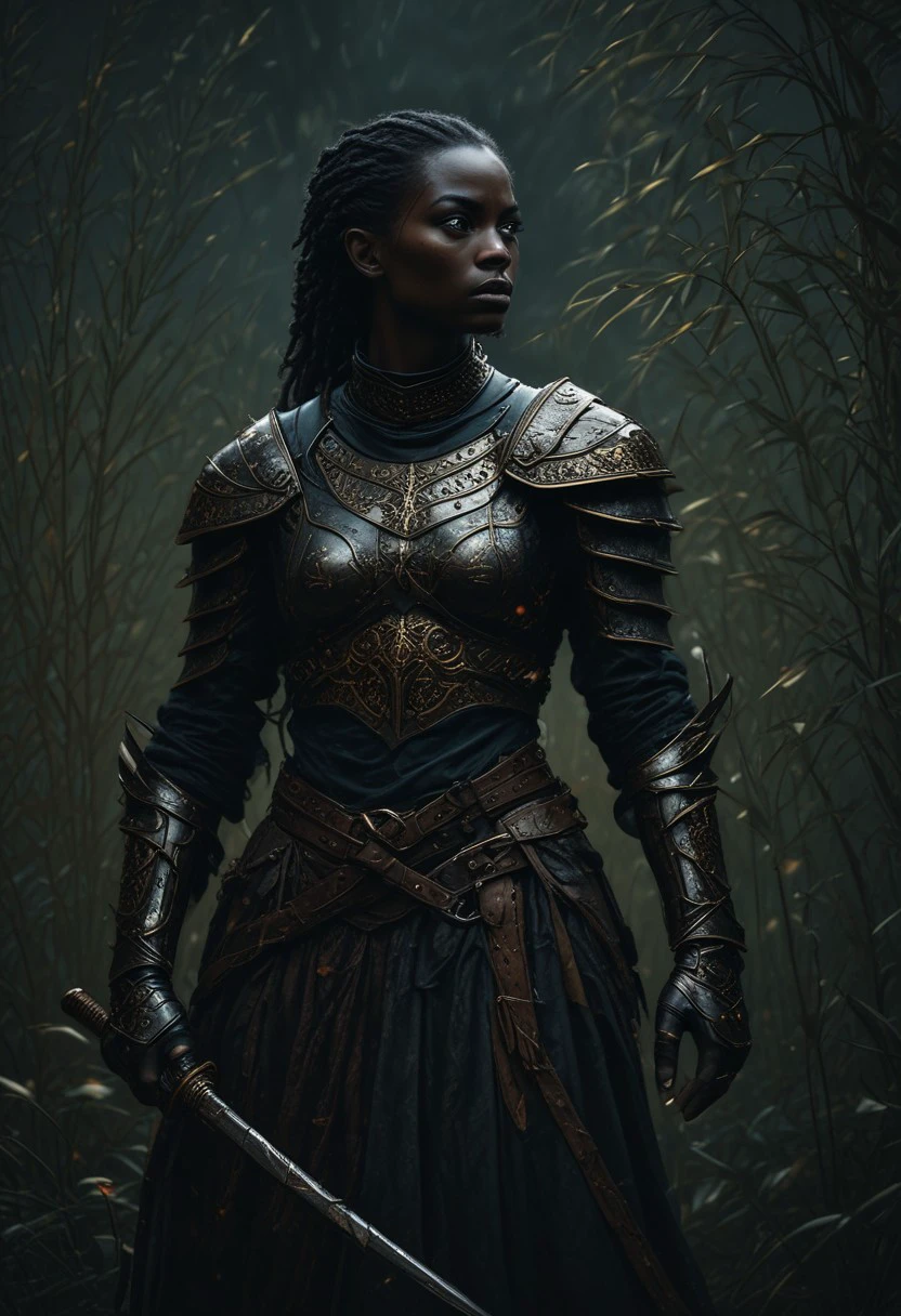 A hyper-realistic digital portrait of a dark-skinned female elf standing poised in a powerful Wing Chun stance amidst a dark, mystical reed-filled landscape, reminiscent of Ashley Wood's eerie and mystical art style. The reeds sway ominously in the background, as if sensing her impending movement, set against a subtle Dutch angle distortion of 20%. Her muscles are tense and coiled, ready to strike, casting a sense of foreboding and anticipation in this haunting and atmospheric scene. She is dressed in pauldrons and chainmail armor with a pleated gladiator kilt, adorned with intricate floral patterns in muted magenta, orange-gold and blue. Her sword, featuring a black hilt and a wide, chopping blade, is intricately engraved with symmetrical orange-gold designs that harmonize with the ornate patterns of her attire, emphasizing her poised yet lethal aura. The diffused lighting softly illuminates every detail, HD, 8K quality, ultra-detailed, masterpiece artwork, flawless anatomy.