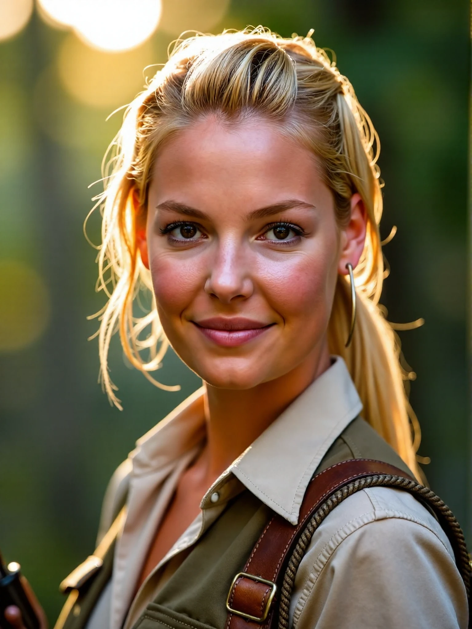 <lora:Katherine_Heigl_Ca2008:1.1> woman, blonde, extreme close-up, zoomed, focus on face, centered, macro shot, face centered, focus on eyes, looking directly at the viewer, looking directly at the camera, making eye contact, looking straight ahead, modest clothes, modest apparel, chest covered, modesty <lora:zz_s_Chest_Size_Slider:-2>, an extremely charismatic and captivating smile, smiling, extreme close-up, standing in rainforest ruins, wearing a safari shirt and vest, gun, holding a bullwhip, golden hour, god rays, lighting effects, smoke effects, smokey air, misty airâââ