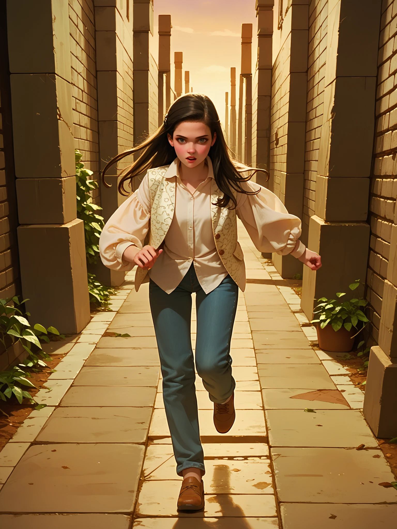score_9, score_8_up, score_7_up, score_6_up, running,
<lora:Sara_Williams_-_Labyrinth:0.8> labyrinth_sara_williams, 1girl, solo, black hair, long hair, white shirt, long sleeves, puffy sleeves, white vest, patterned fabric, jeans, leather shoes