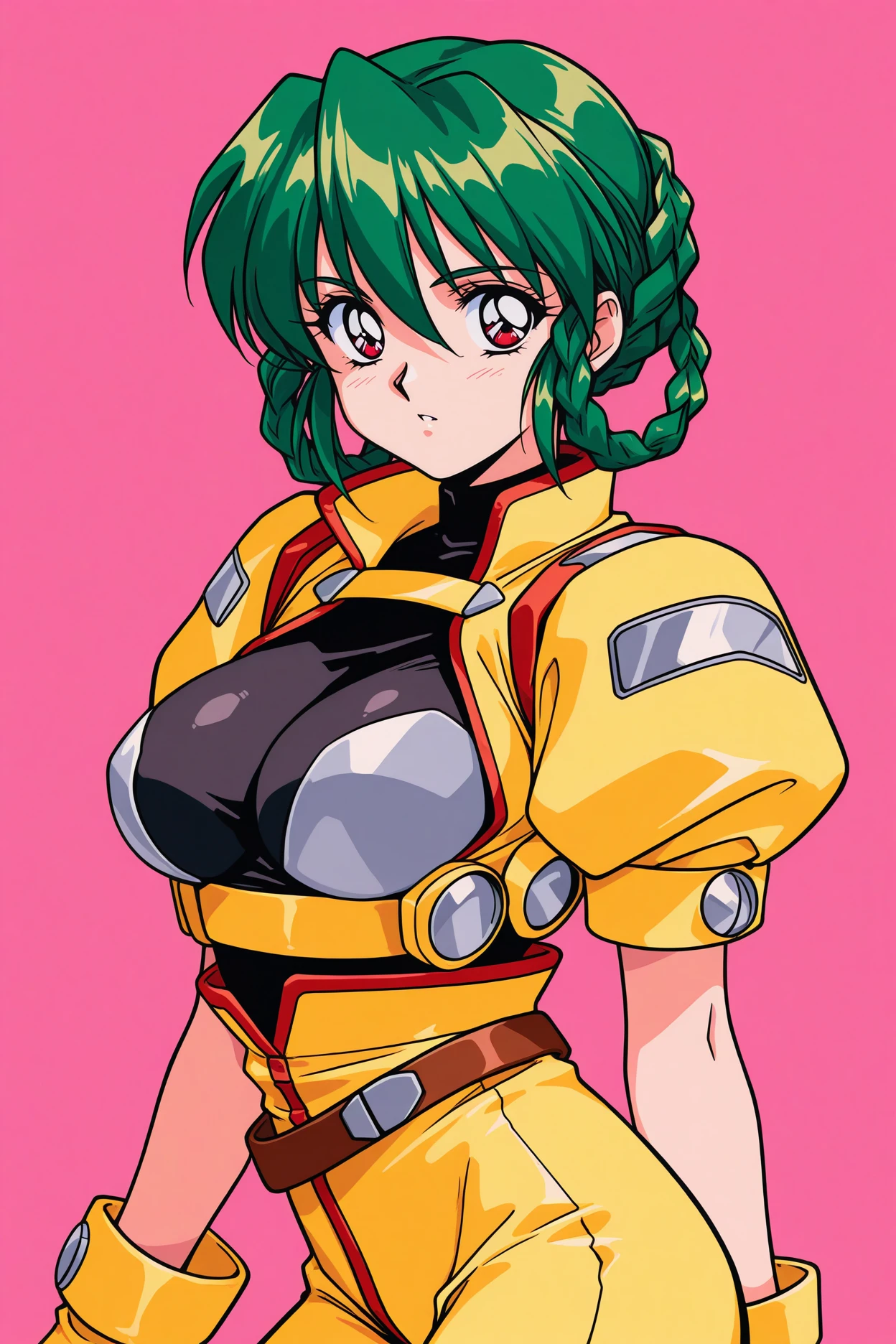 masterpiece, best quality, 1girl, solo, <lora:srtmina-illu-nvwls-v1-000006:1> srtmna, braided hair rings, green hair, red eyes, black bodysuit, yellow pilot suit, puffy short sleeves, yellow gloves, belt, yellow pants, 1990s \(style\)