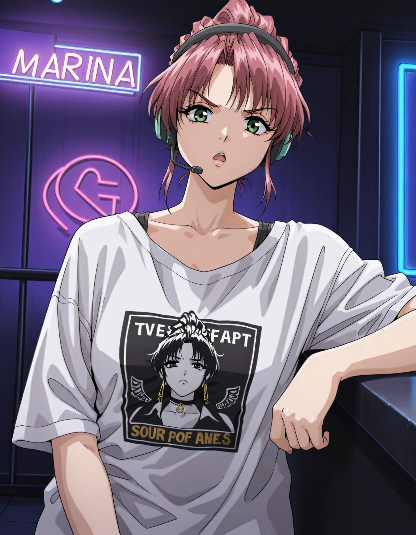 <lora:marina-yuka-illustrious-000027:0.8> 1girl, solo, marina, streetwear, oversized shirt, t-shirt, annoyed, bored, open mouth, headset, looking at viewer, nightclub, neon lights