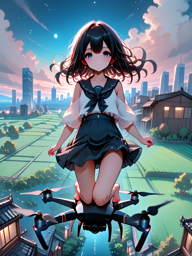 ((standling on aerial drone)), upper body, vanishing point, perspective, milf, 1girl, skirt, barefoot, floating hair, wind, horizon, skyline, scenery, cityscape, looking at viewer, from below, dutch angle, <lora:girllikeaerialdrone:1>