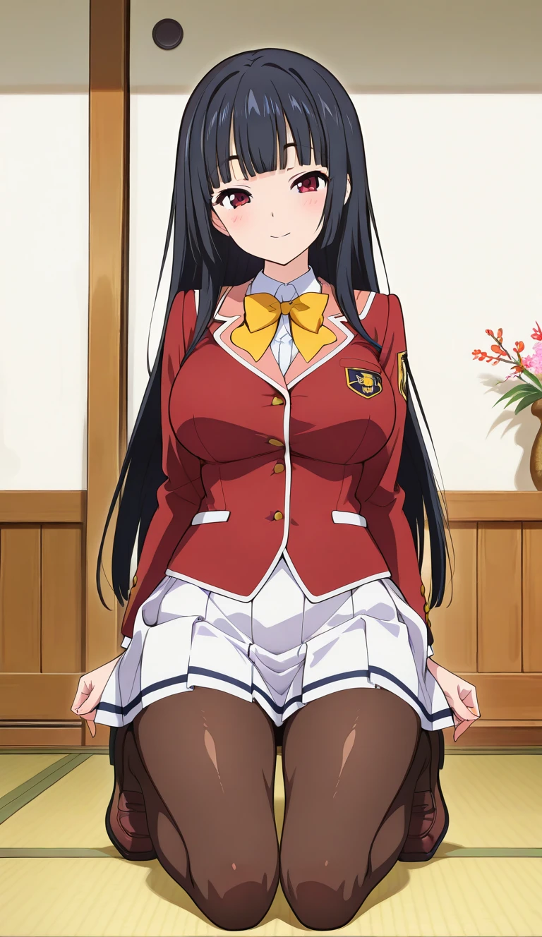 high quality, masterpiece, 1girl, long hair, wear white lace bra, wear white lace panties, fullbody, looking into viewer, standing, huge breasts, cleavage, seductive anime girl, breast covered and sfw, sie boob, teasing smile, thick body, sana, red eyes, long hair, purple hair, large breasts, bangs, lace lingerie, thick, thick leg, thick body, in garden, hold rose, sniff rose