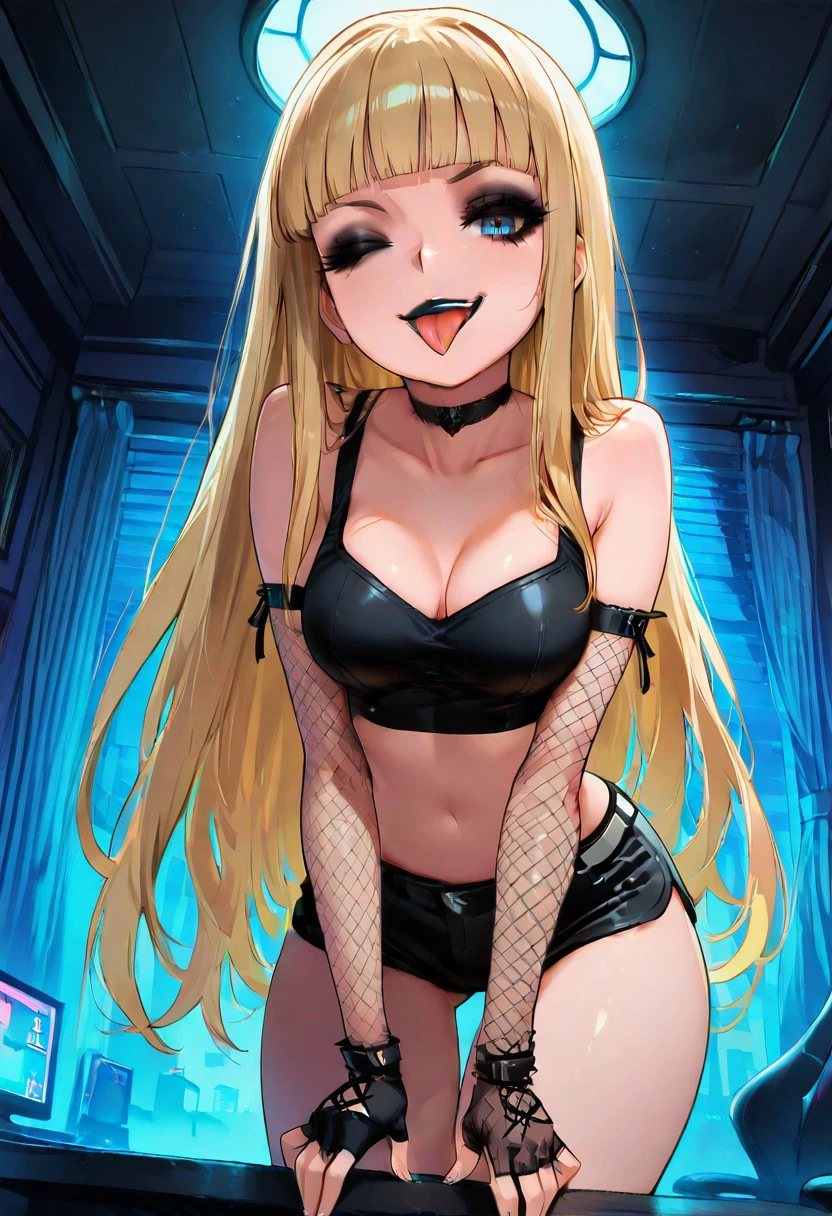 masterpiece, best quality, 1girl, solo, medium breasts, sitting, smile, looking at viewer, 
zzEvangeline, blue eyes, blonde hair, long hair, blunt bangs,
gothic, long hair, black lips, eyeshadow,  neon, fishnet sleeves, black crop top, black shorts, black choker, fingerless gloves,   
black shorts, pink panties, wink, tongue out, standing, leaning forward, sexy posing, dynamic pose, dynamic angle,