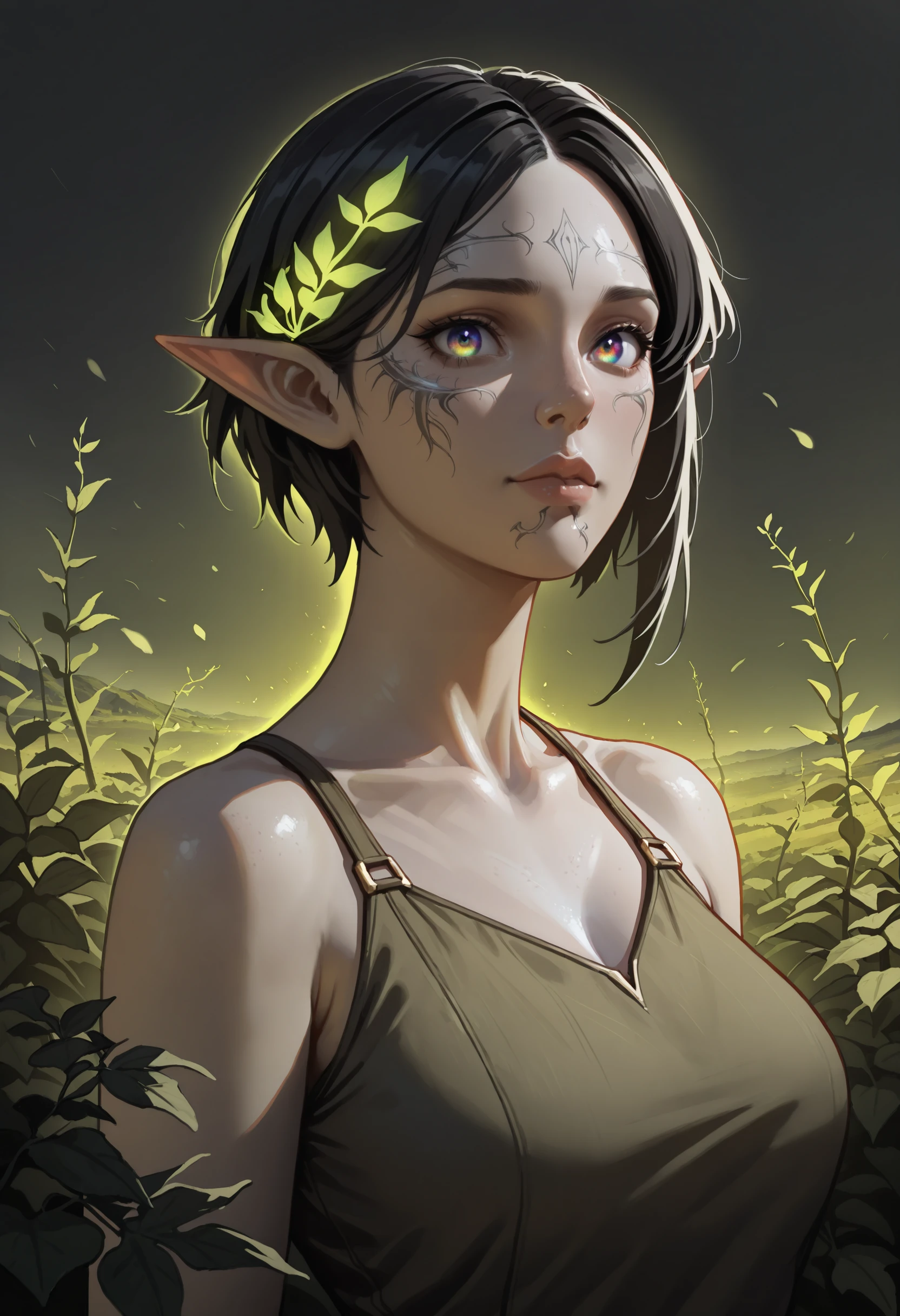 Smooth Quality - Illustrious, Masterpiece, best quality, amazing quality, very aesthetic, high resolution, ultra-detailed, absurdres, HDR, cinematic lighting, highres, newest,
merrill_(dragon_age_2), (Dalish elf:1.2), with (pointy ears:1.2), glowing green eyes, short black hair adorned with a delicate hair ornament, and intricate (face tattoos:1.15).
The background is a (dimly lit bar:1.1), photorealistic and surreal, blending rustic wooden textures with glowing, dreamlike accents. The vines emanate a soft bioluminescent glow, casting subtle patterns on her skin. Her pose is poised and serene, exuding both vulnerability and power.
Lighting is dramatic and moody, with soft green and amber highlights, creating a (realistic yet dreamlike atmosphere:1.25). The composition blends (photorealism:1.2) with (surrealism:1.15), evoking themes of life, nature, and mysticism. Ultra-detailed, 8K resolution, (ethereal and sexy:1.3), profoundly immersive and visually striking.