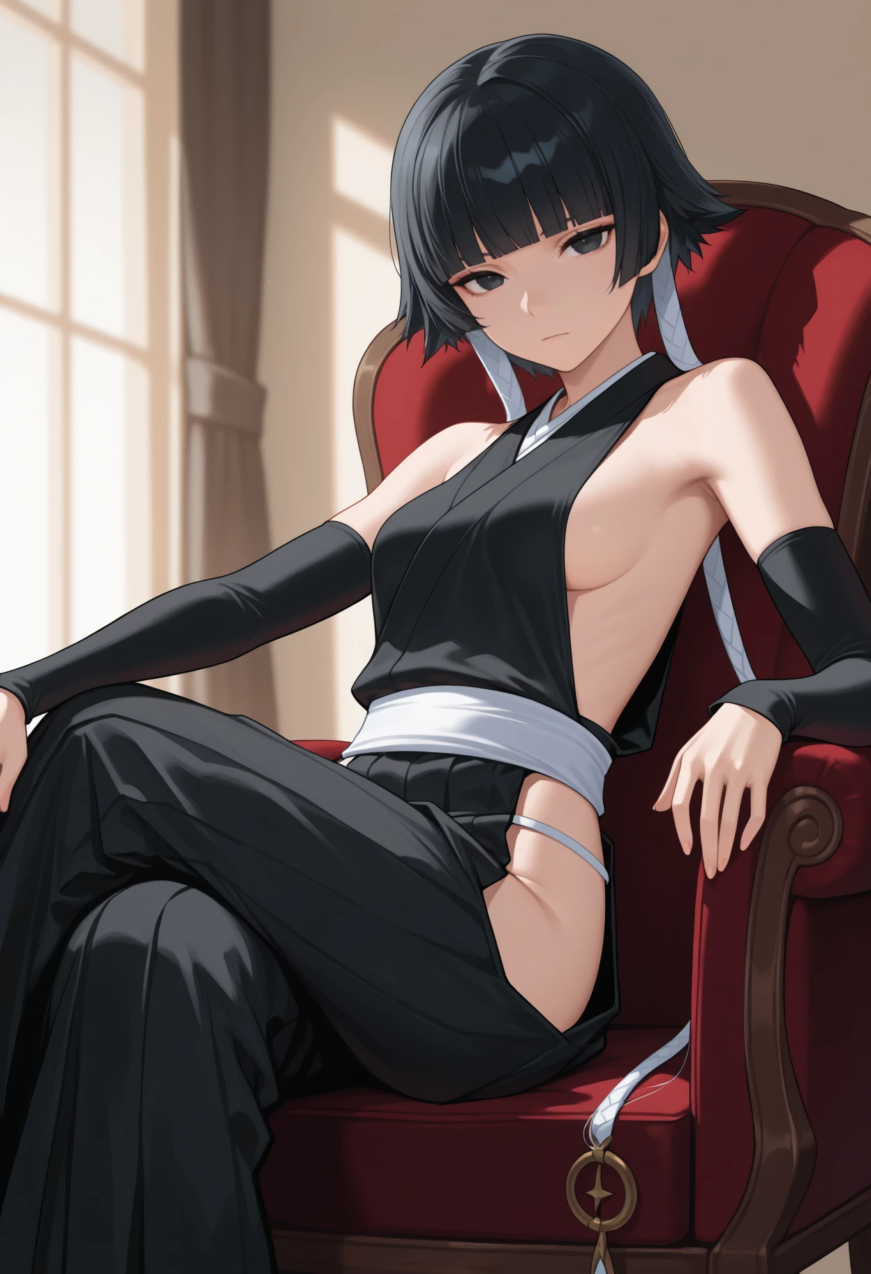 masterpiece, best quality, feet out of frame, solo, 1girl, expressionless, looking at viewer, sitting, on chair, crossed legs, black hair, short hair with long locks, blunt bangs, black eyes, japanese clothes, sideless outfit, black kimono, sideboob, black sleeves, detached sleeves, white sash, black hakama, hip vent, bare shoulders, medium breasts, indoors, living room
<segment:yolo-Anzhc Face seg 640 v2 y8n.pt,0.4,0.5//cid=1>