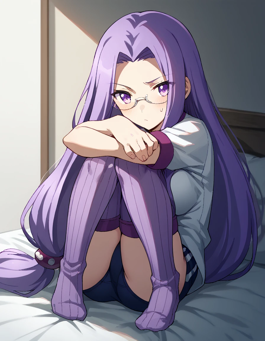 score_9, score_8_up, score_7_up, source_anime,
medusarider, <lora:medusa-rider-ponyxl-lora-nochekaiser:1>,
medusa rider, long hair, very long hair, purple hair, smile,
long sleeves, purple eyes, glasses, pants, sweater, turtleneck, denim, low-tied long hair, jeans, black sweater,
indoors, bed, bed room, lying on back, pillow,
looking at viewer, cowboy shot, dutch angle, arm support, arms up, incoming hug, pov, reaching, reaching towards viewer,