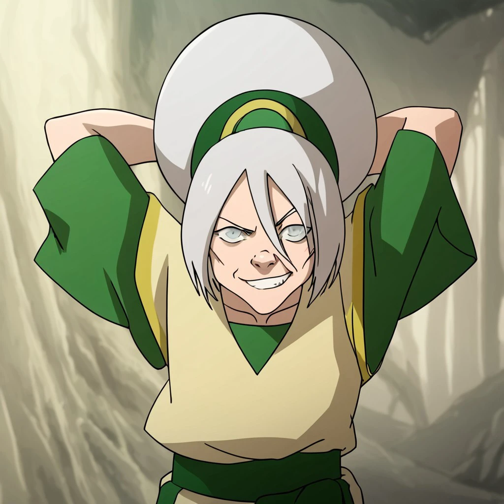 score_9, score_8_up break, EyesHD. solo, toph_lok, white hair, hairband, single hair bun, grey eyes, arms behind head, looking at viewer, smirk