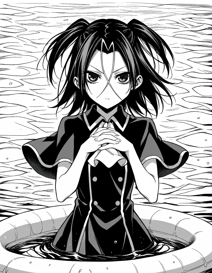 score_9, score_8_up, score_7_up, source_anime, <lora:akua-shuzen-manga-ponyxl-lora-nochekaiser:1>, akua shuzen, monochrome, greyscale, medium hair, twintails, parted bangs, hair between eyes,, dress, ascot, capelet, black dress, black skirt, white ascot,, pool, water, swim, float, poolside, , <lora:gendou-pose-ponyxl-lora-nochekaiser:1>, gendou pose, own hands clasped, own hands together, parody,, looking at viewer, solo,, cowboy shot, solo