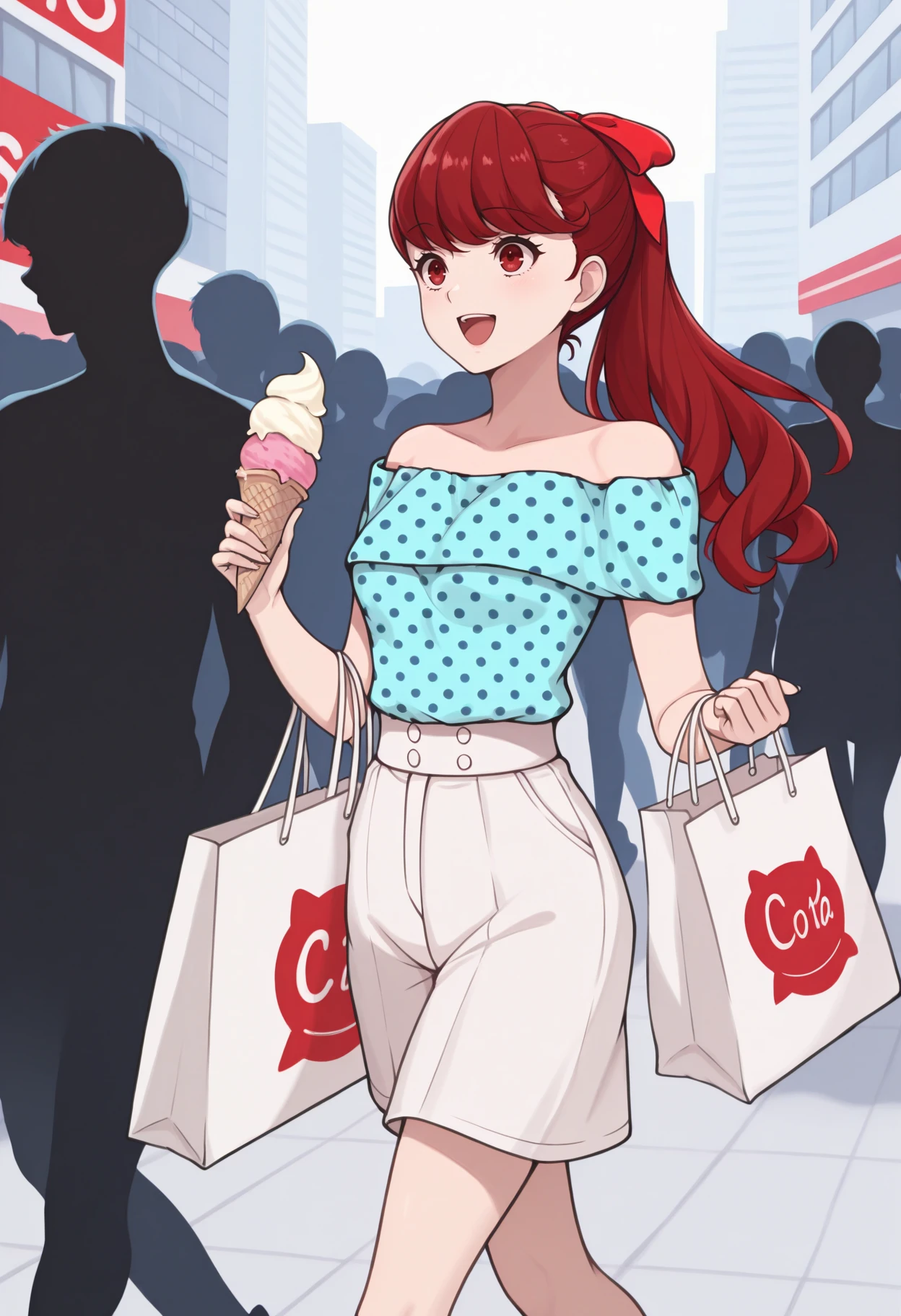 masterpiece, best quality, 1girl, walking, happy, holding ice cream, shopping bag, <lora:KasumiP5-illu:1> csSumi, red hair, long hair, ponytail, hair bow, red bow, swept bangs, red eyes, polka dot shirt, aqua off-shoulder shirt, white high-waist shorts, city, crowd, silhouette