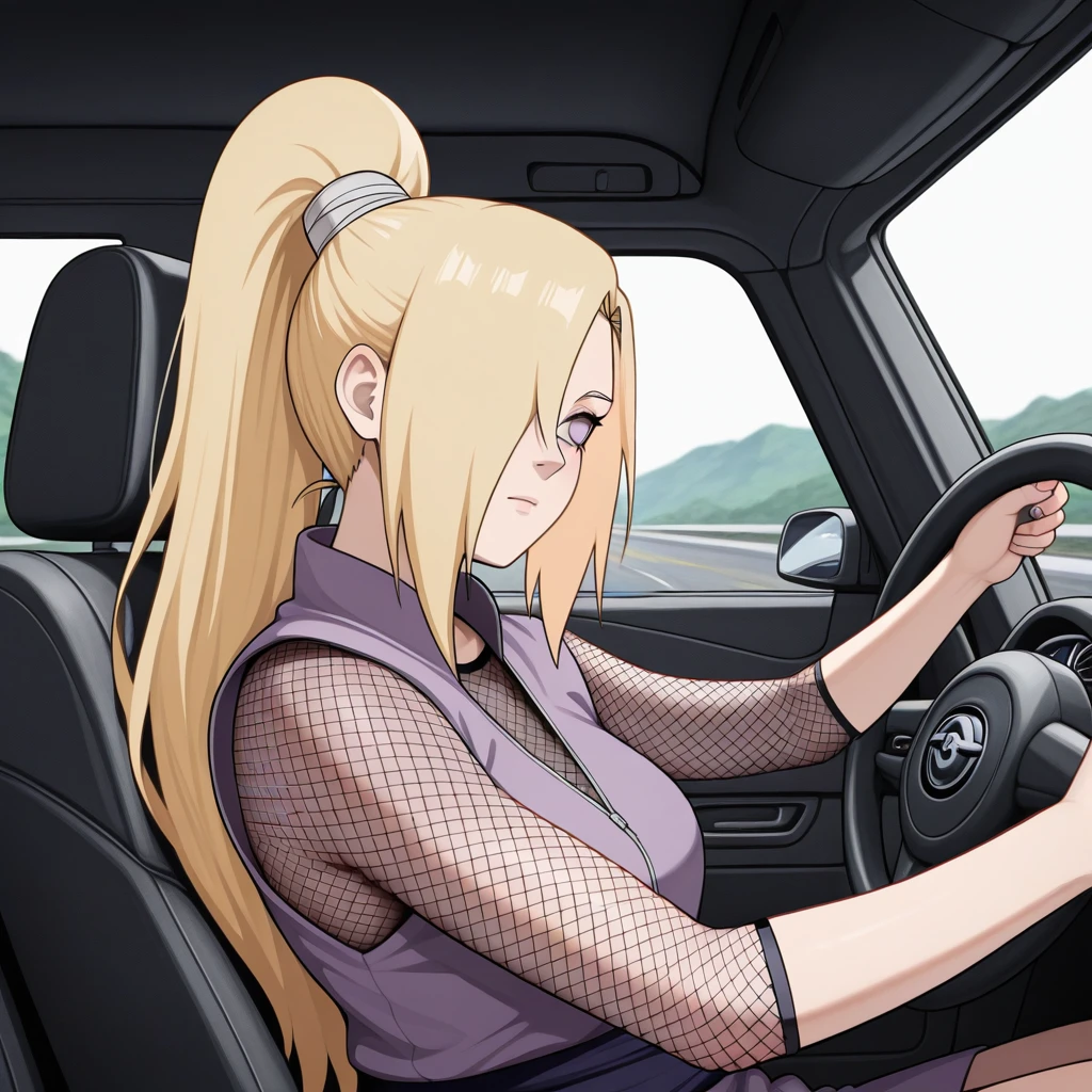 <lora:Driving_-_IL:0.8> dr1v3, car interior, motor vehicle, steering wheel, driving, sitting, 1girl, solo, Naruto, Ino Yamanaka, blonde hair, high ponytail, long ponytail, hair over right eye, purple outfit, fishnet        , masterpiece, best quality, good quality, newest