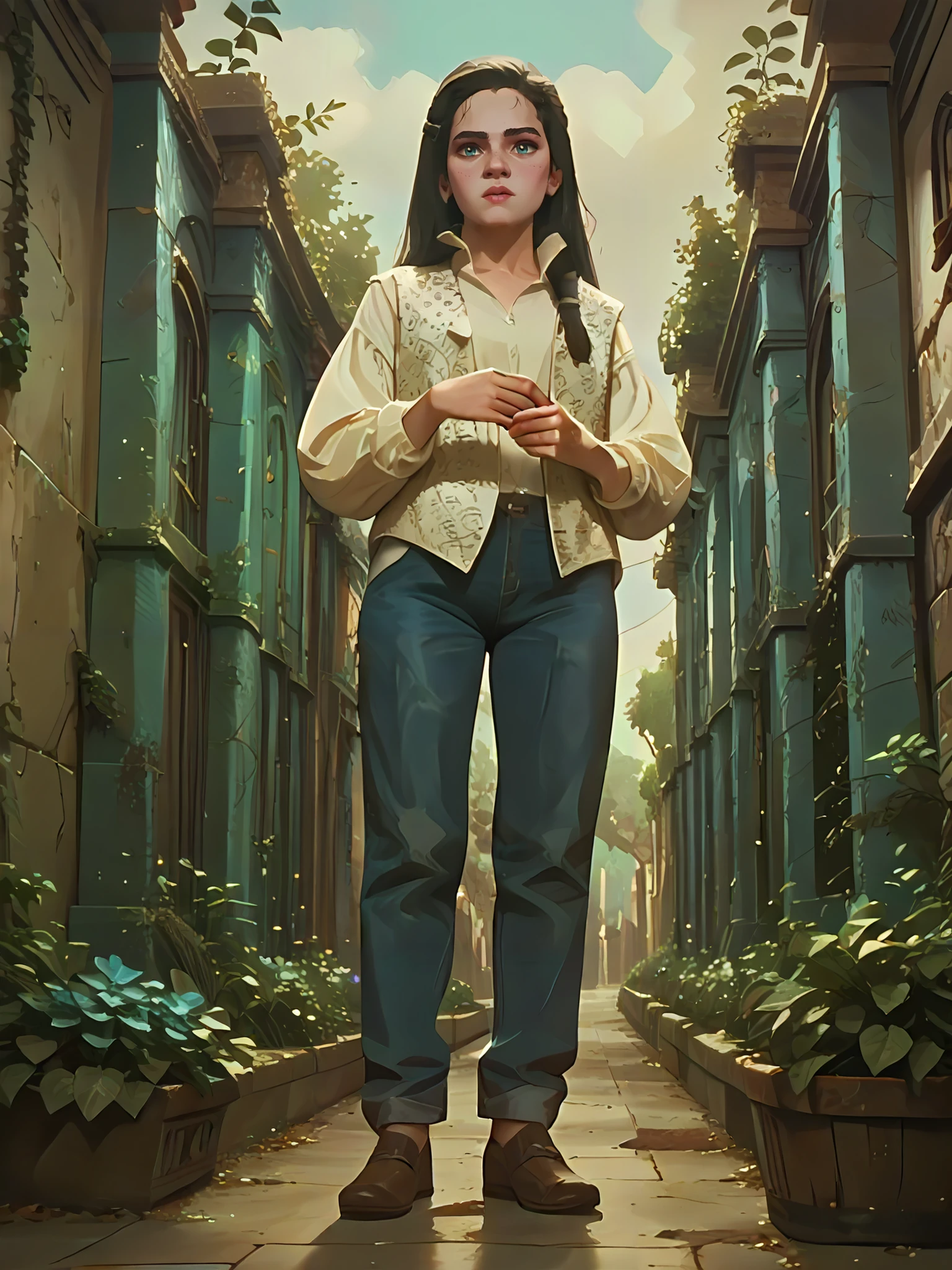 <lora:arcane_pony_v1-2_mx4:1>, score_9, score_8_up, score_7_up, score_6_up,
<lora:Sara_Williams_-_Labyrinth:0.8> labyrinth_sara_williams, 1girl, solo, black hair, long hair, white shirt, long sleeves, puffy sleeves, white vest, patterned fabric, jeans, leather shoes