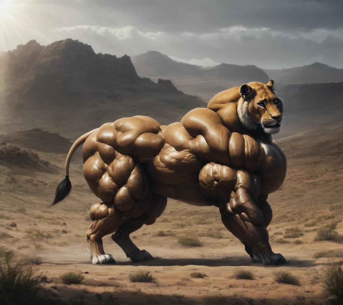 muscular feral lion, in desert landscape
natural sunlight, 
 <lora:muscular-feral-000005:1>