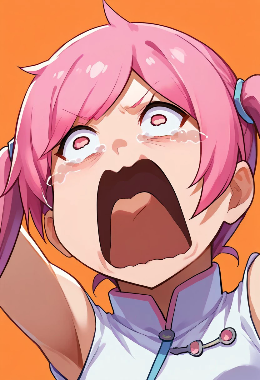 score_9, score_8_up, source_anime, 1girl, solo, Akiho_Rindou, pink hair, twintails, pink eyes, white dress, aquascreaming, screaming, open mouth, crying with eyes open, reaching out, bending over, freebos_smoothiestyle